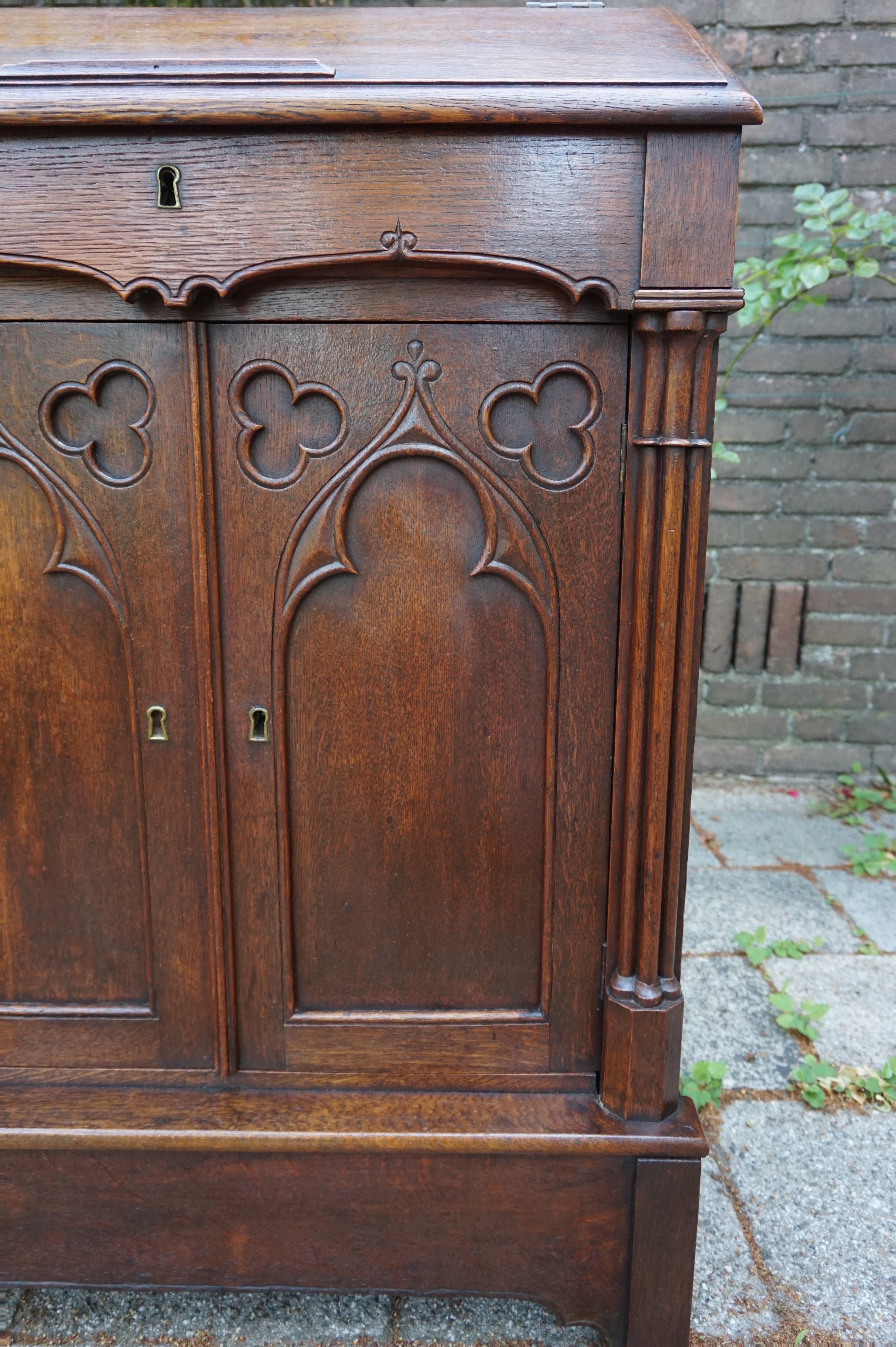 Hand-Carved 19th Century Gothic Revival Lectern Cabinet with Church Window like Doors