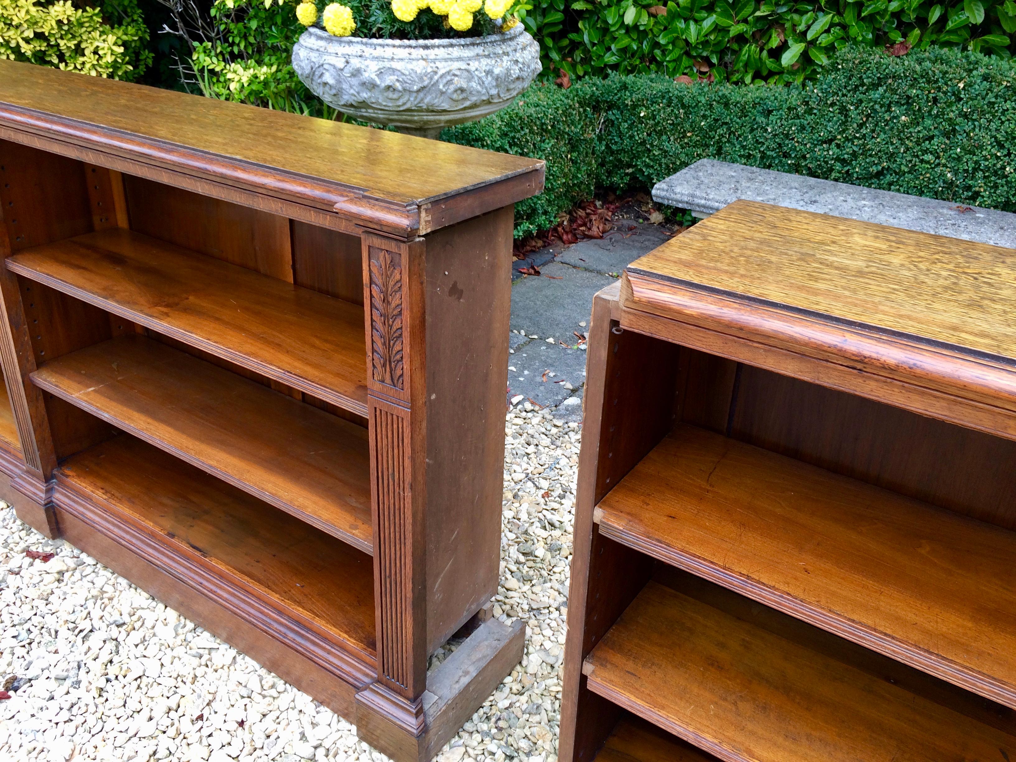 Stunning 19th Century Large Oak Bookcase Two Sections Carved Adjustable Shelves 2