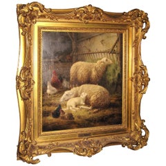 Stunning 19th Century Oil on Canvas Sheep and Lambs Chickens, Farm Life