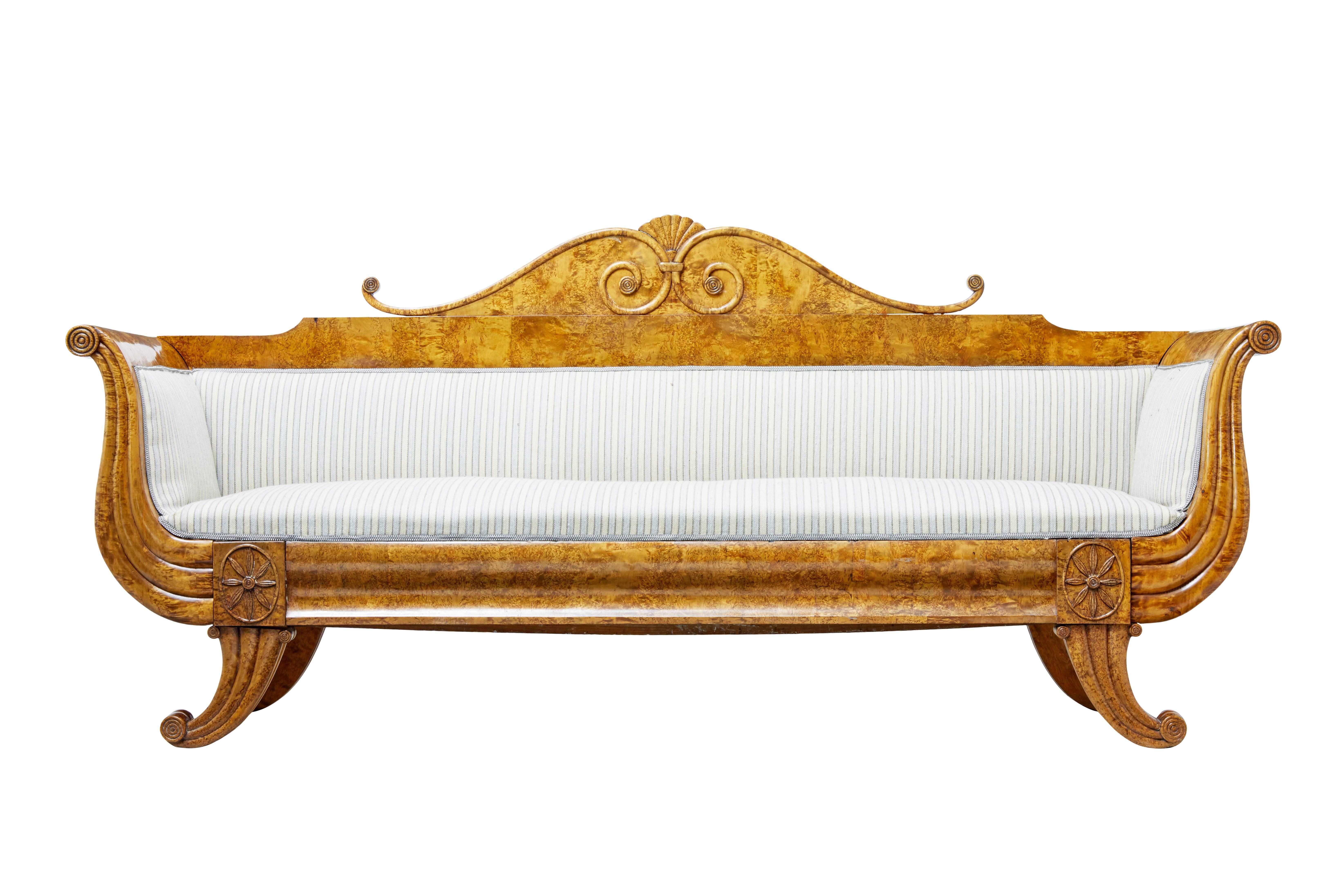 Beautiful Biedermeier sofa of grand proportions, circa 1840.

We have dealt in many of these types of sofa but at nearly 8 foot long, this is one of the grandest.

Made from stunning birch root, which gives it this rich color and striking grain.