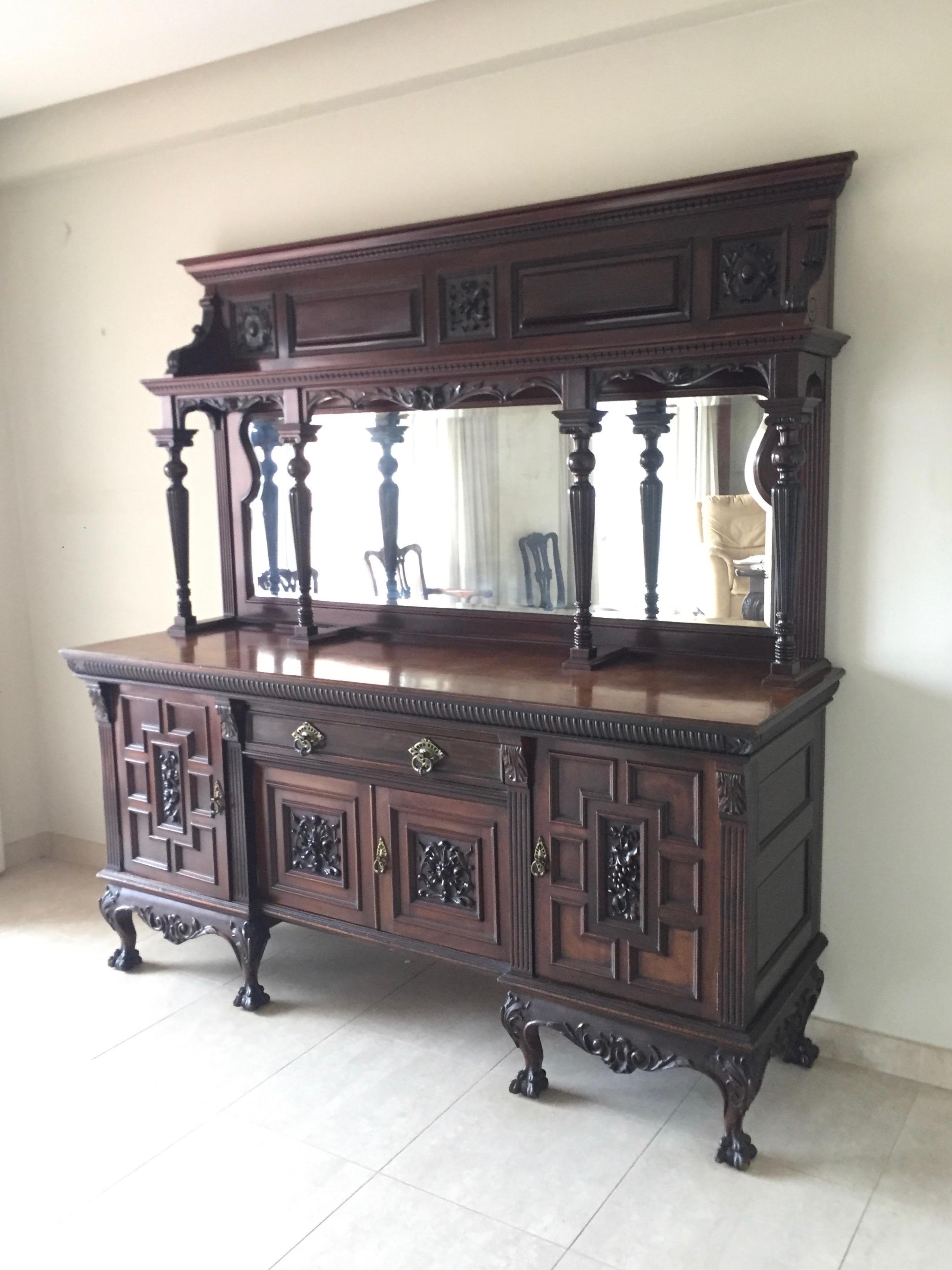 English Chippendale Ball-Claw Mahogany Large Buffet with Mirror, 19th Century  For Sale