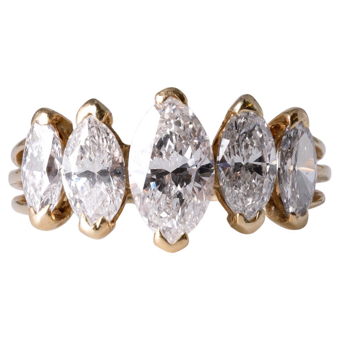 Superbe bague avec diamant marquise de 2 carats  Bague vintage à 5 pierres  Or jaune 14K