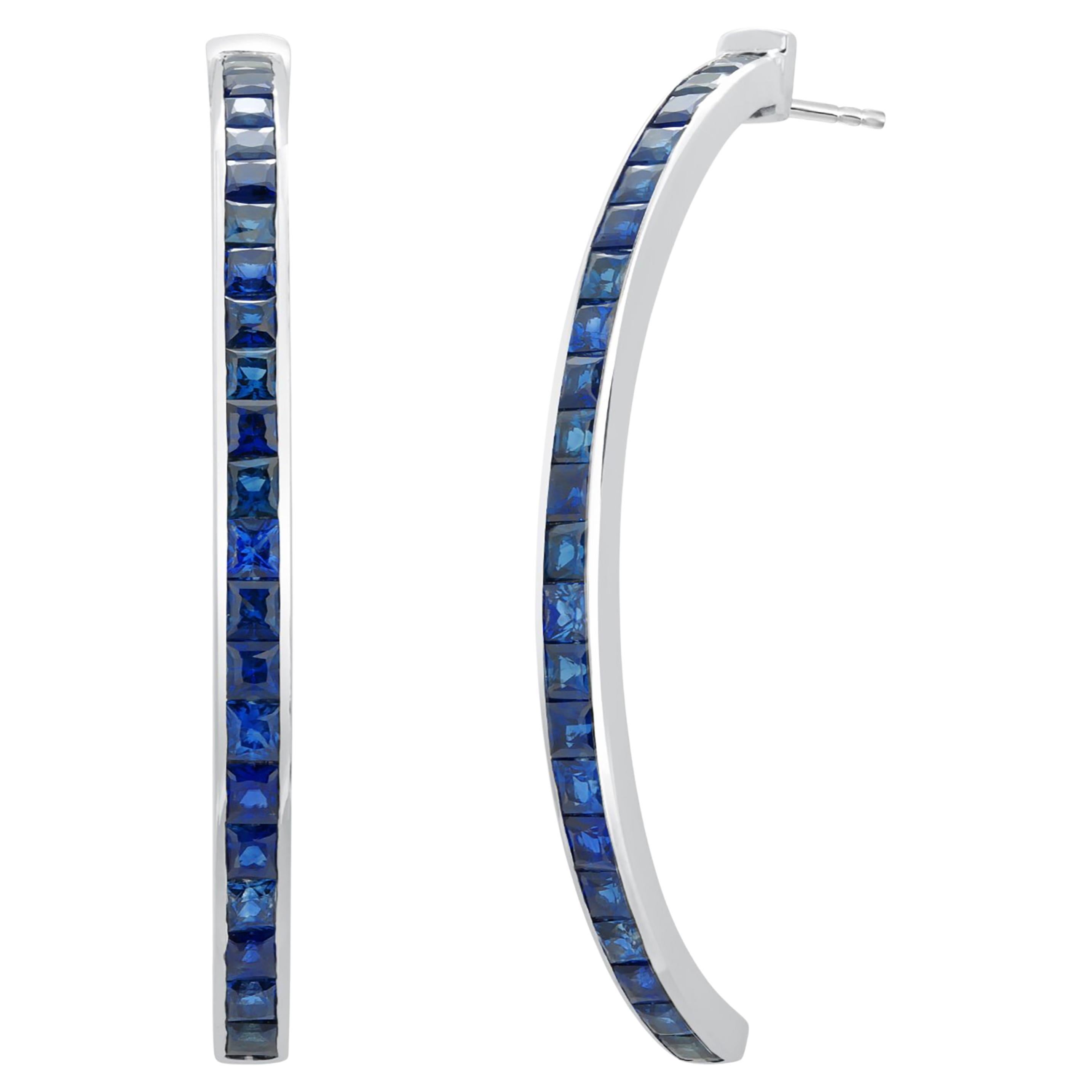 Stunning 2 Inch Hoop Gold Earrings Meticulously Crafted Square Shaped Sapphires For Sale