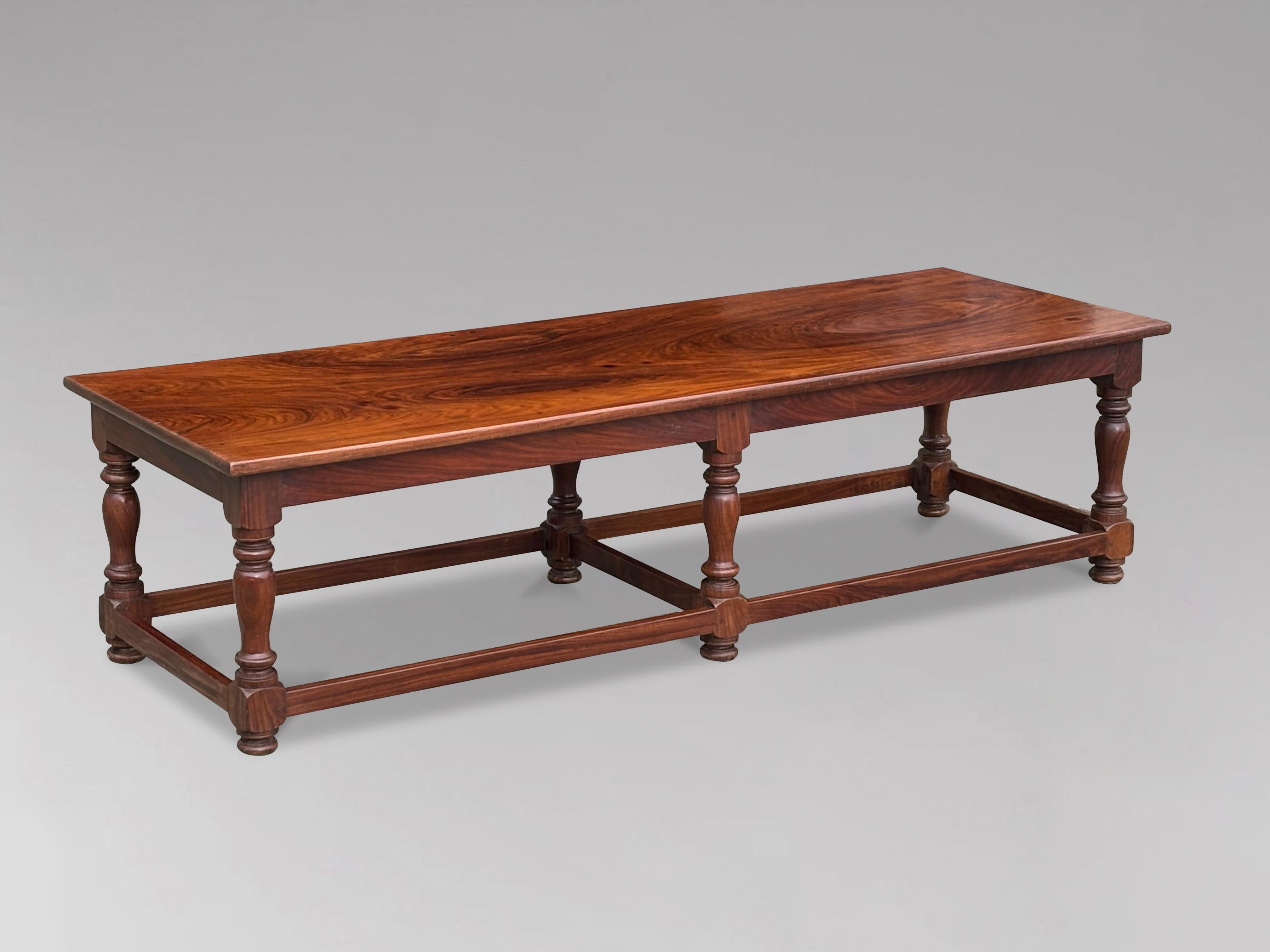 A wonderful early 20th century solid polished teak coffee table, at 2 meters long. Rectangular well figured polished teak top, above 6 turned legs connected by stretchers. Dating from the early 1900s. Very good quality, amazing patina and colour,