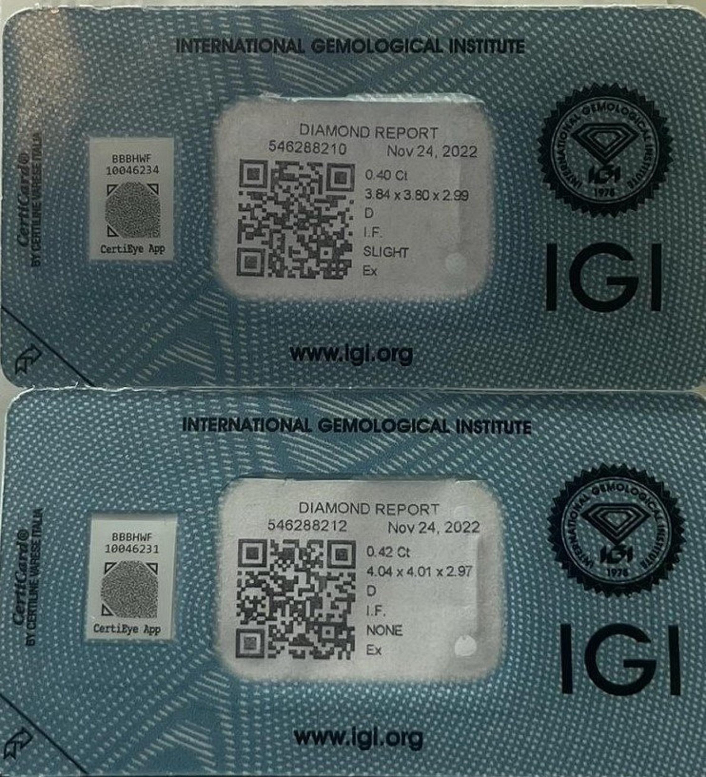 Women's or Men's Stunning 2 Pcs Natural Diamonds with 0.82 Total Ct D IF, IGI Certificate