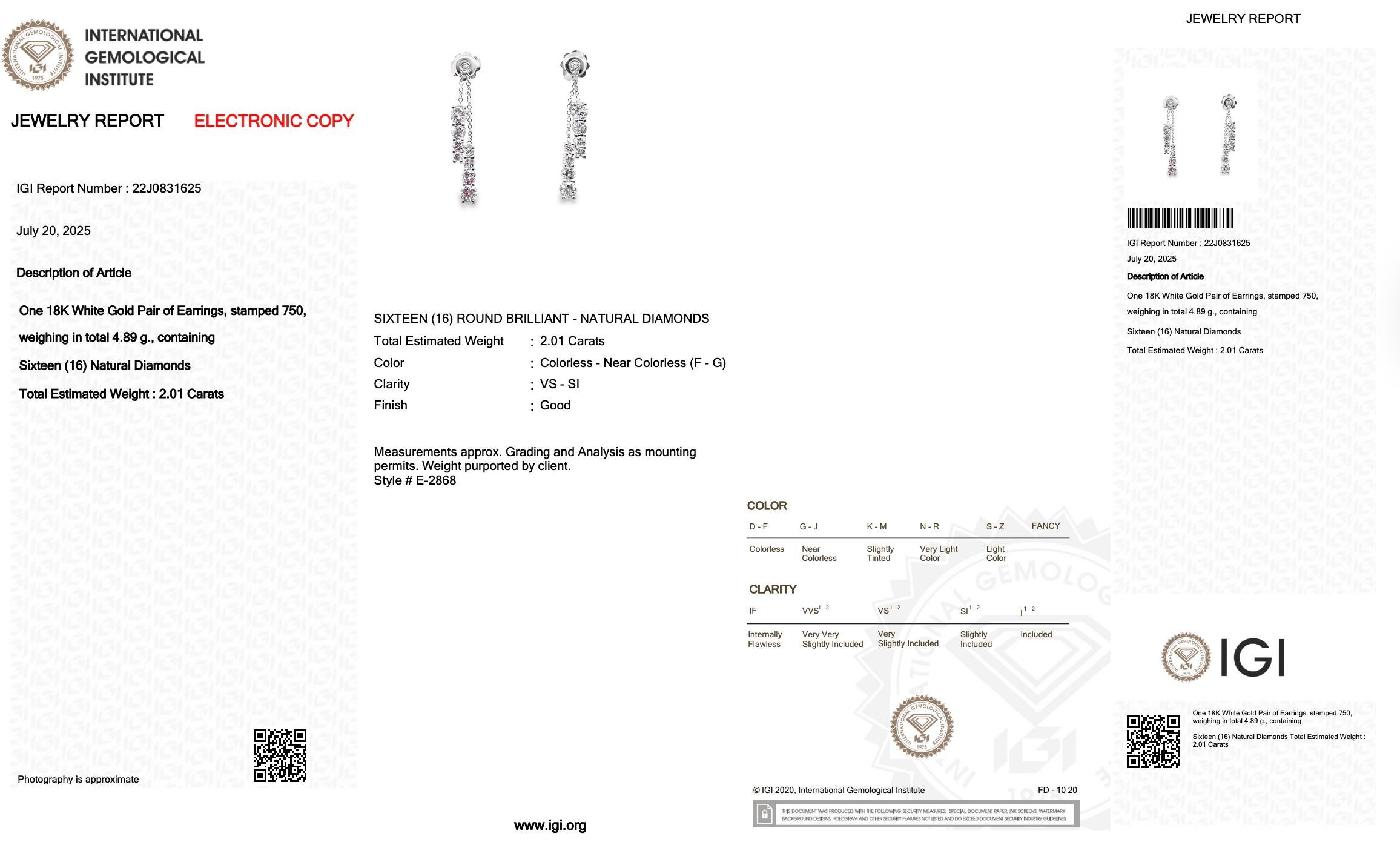 Women's Stunning 2.01ct Diamonds Drop Earrings in 18k White Gold - IGI Certified For Sale