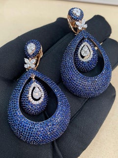 Stunning 20.30Cts Natural Blue Sapphire Marquise Pear Diamonds Earrings 14K Gold