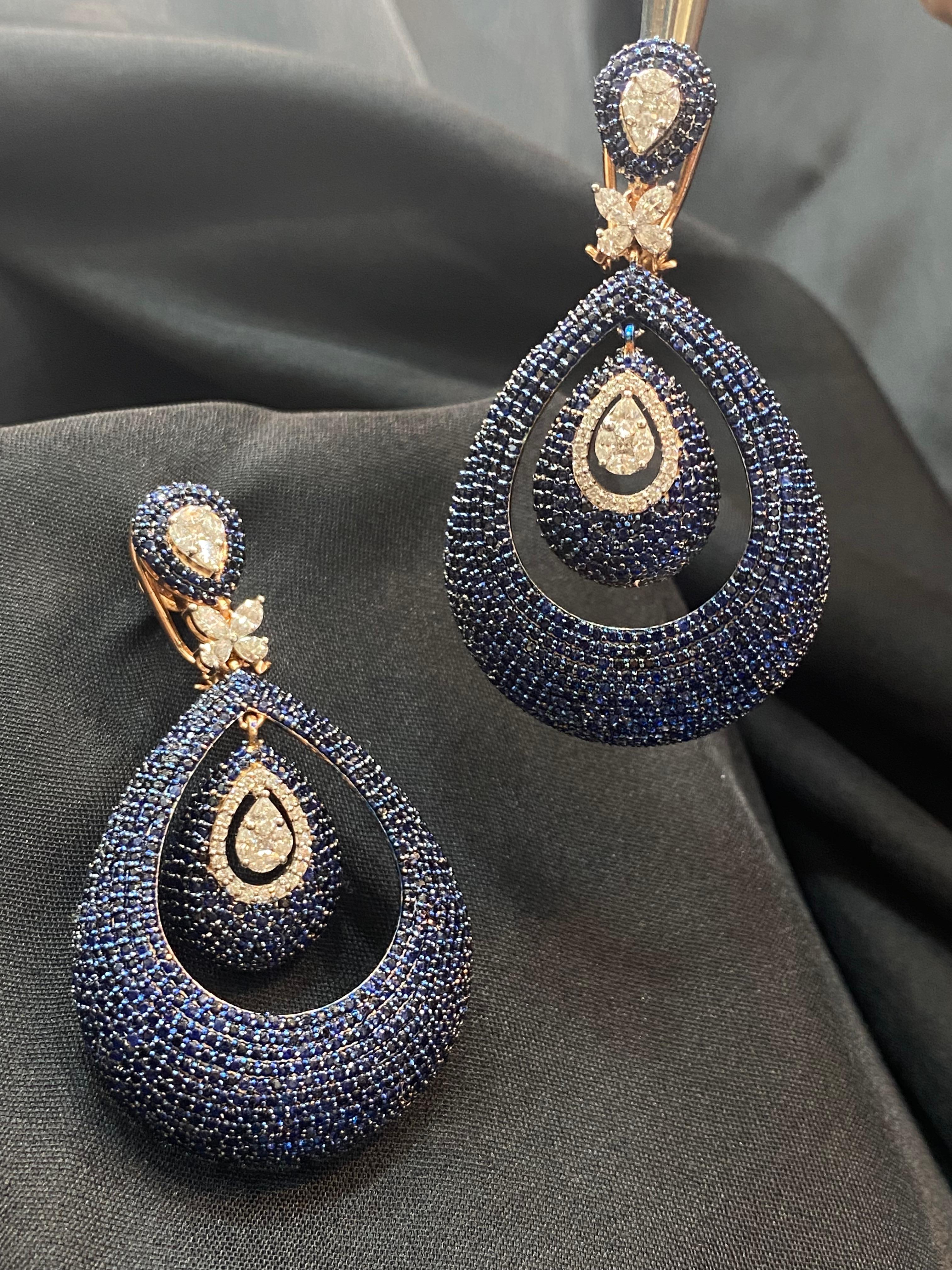 Women's Stunning 20.30Cts Natural Blue Sapphire Marquise Pear Diamonds Earrings 14K Gold For Sale