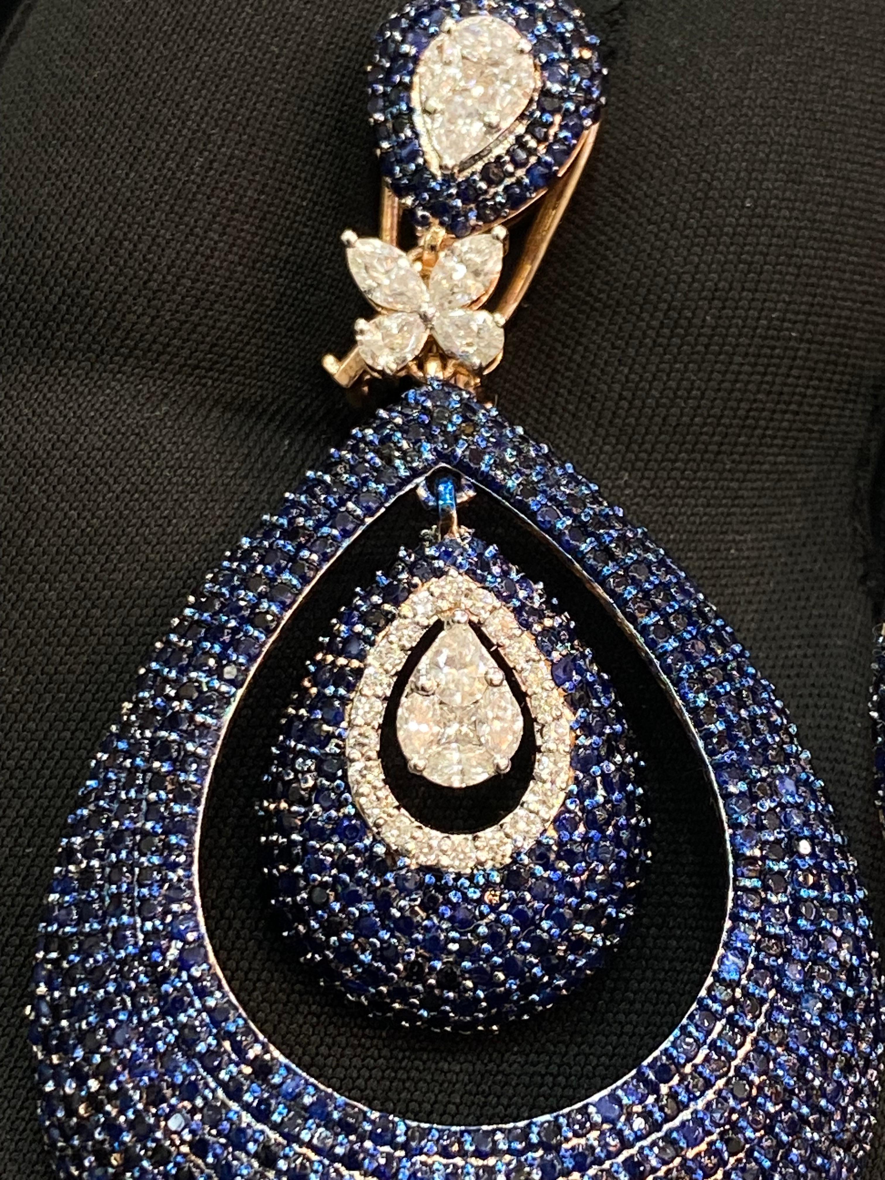 Stunning 20.30Cts Natural Blue Sapphire Marquise Pear Diamonds Earrings 14K Gold For Sale 1