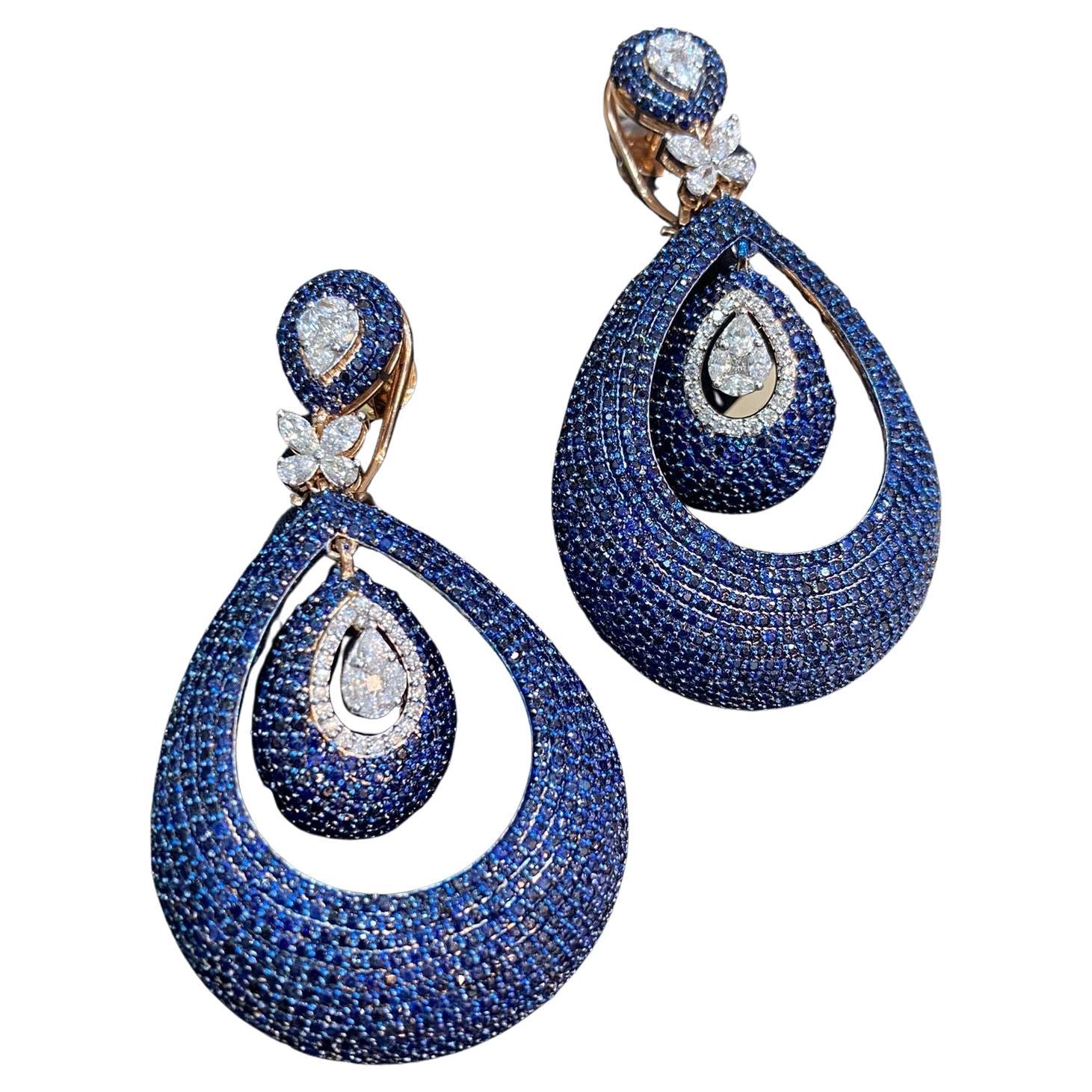 Superbes boucles d'oreilles en or 14 carats avec saphir bleu naturel de 20,30 carats et diamants taille poire marquise en vente