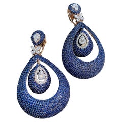 Stunning 20.30Cts Natural Blue Sapphire Marquise Pear Diamonds Earrings 14K Gold