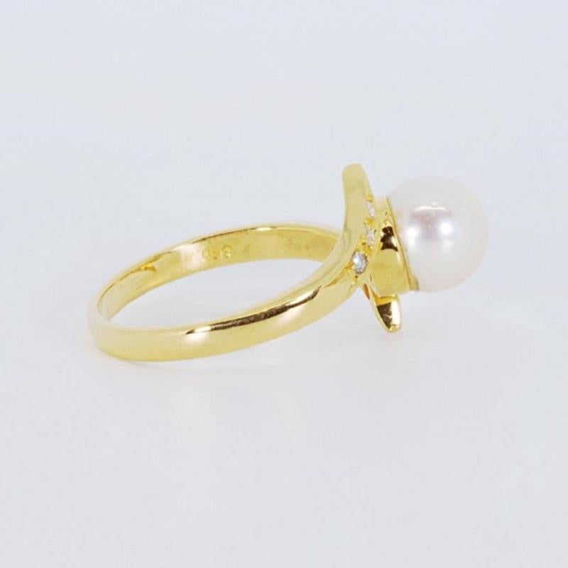 Stunning 20K Yellow Gold Ring with 0.12 Ct Natural Diamonds and Pearl ...