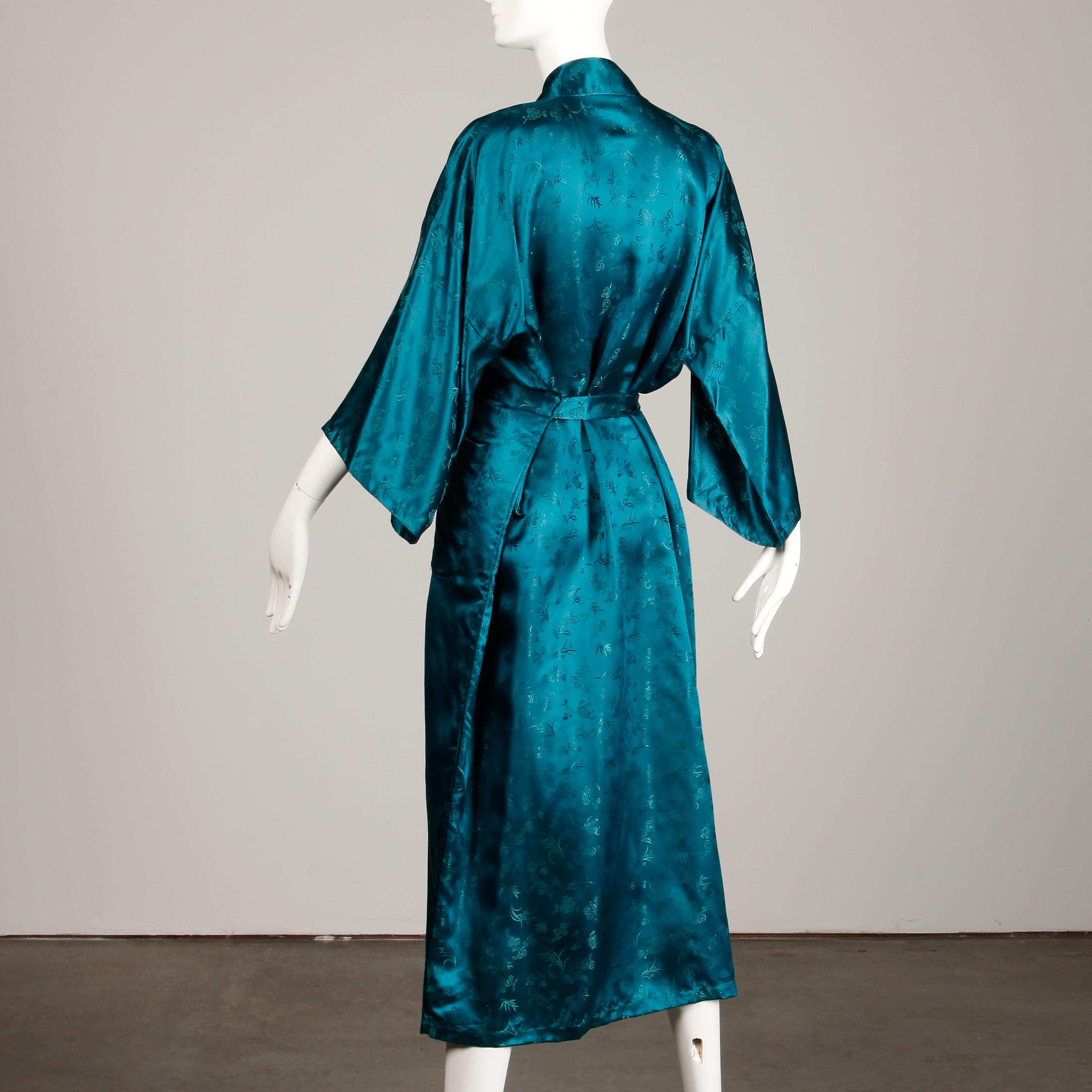 Women's or Men's Stunning 20th C. Chinese Blue-Green Silk Satin Robe with Sash