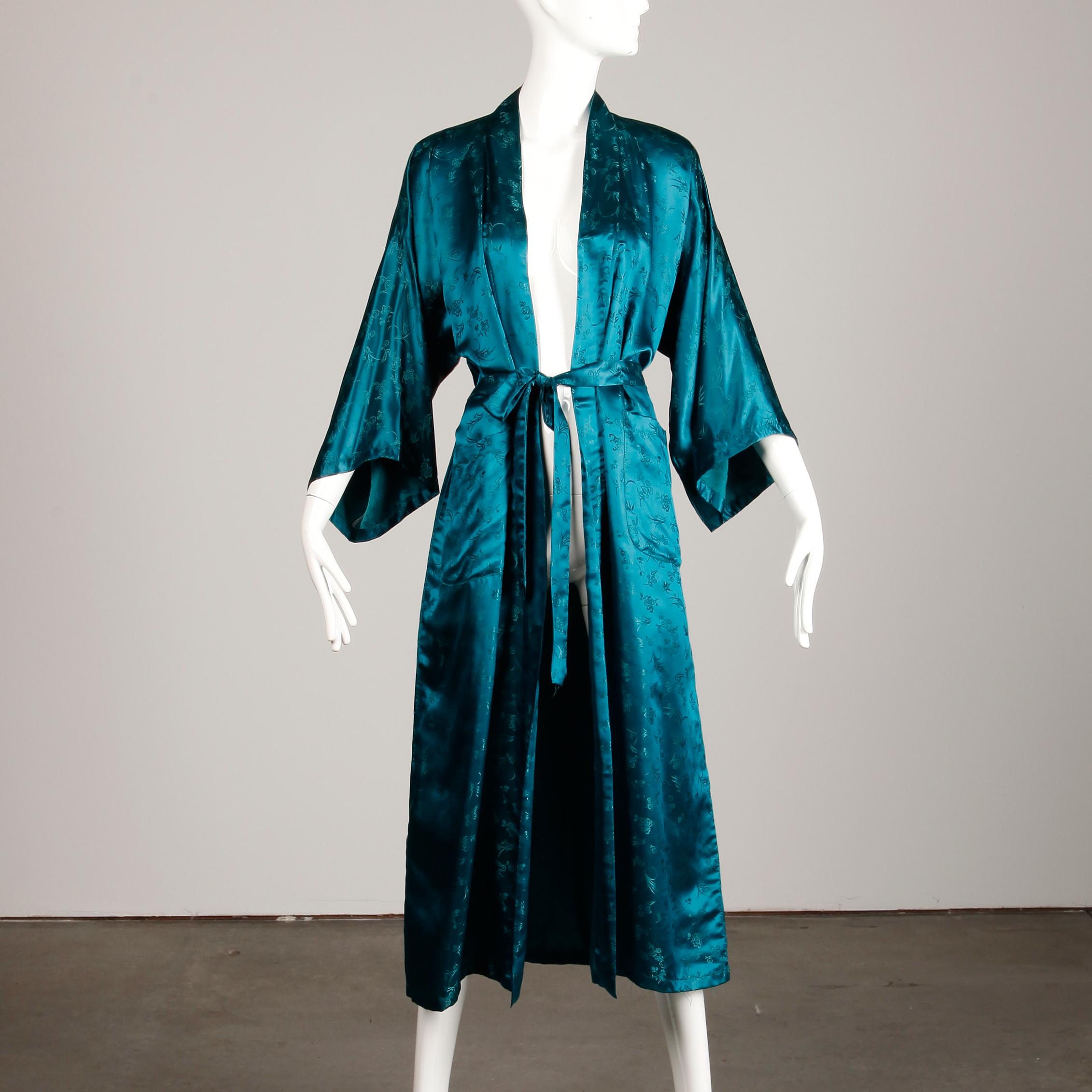 Stunning 20th C. Chinese Blue-Green Silk Satin Robe with Sash 2