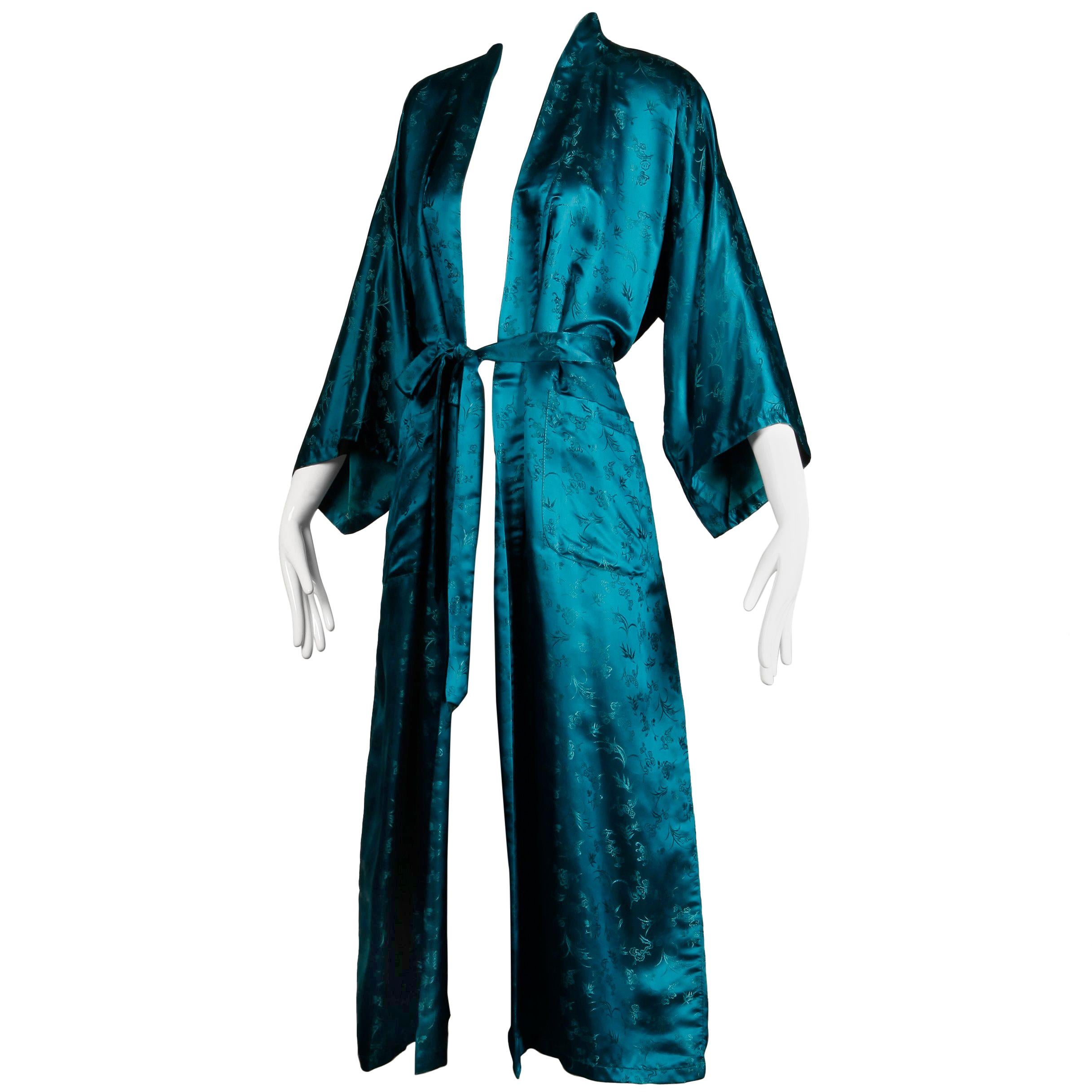 Stunning 20th C. Chinese Blue-Green Silk Satin Robe with Sash