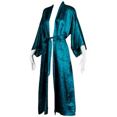 Stunning 20th C. Chinese Blue-Green Silk Satin Robe with Sash