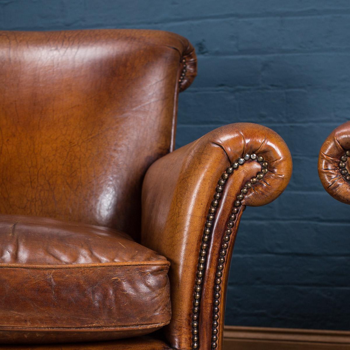 Stunning 20th Century Dutch Set of Four Sheepskin Leather Tub Armchairs 7