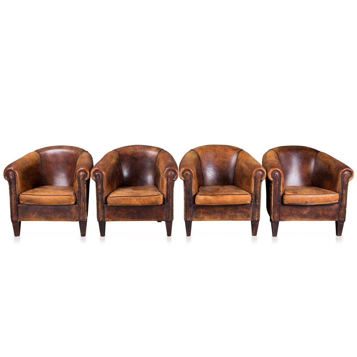 A rare set of four tub chairs, probably Dutch, made in the second half of the 20th century. Upholstered by hand in the finest sheepskin leather, they make a wonderful addition to any home or public space.
 
Condition:

In great condition - some