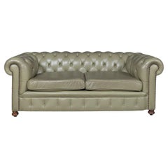 Stunning 20th Century English Olive Green Leather Chesterfield Sofa
