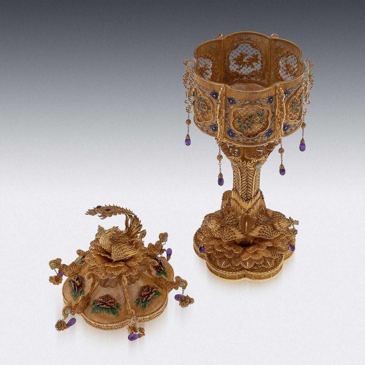 Stunning 20thC Chinese Export Solid Silver Filigree Gem Set Cup & Cover c.1950 For Sale 1