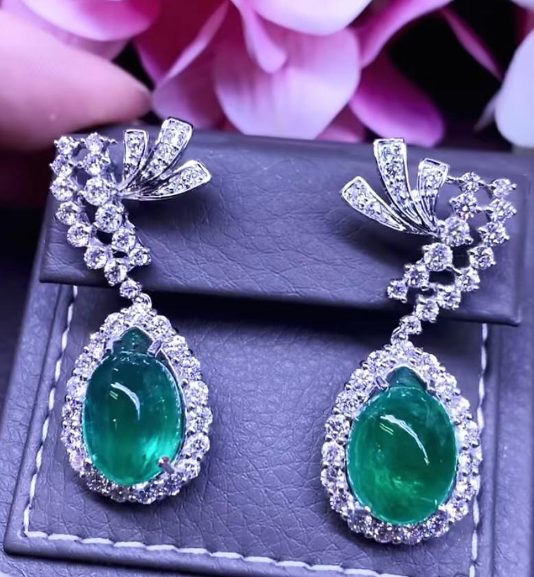 Cabochon AIG Certified 17.78 Ct Zambia Emeralds 3.94 Ct Diamonds 18k Gold Earrings  For Sale