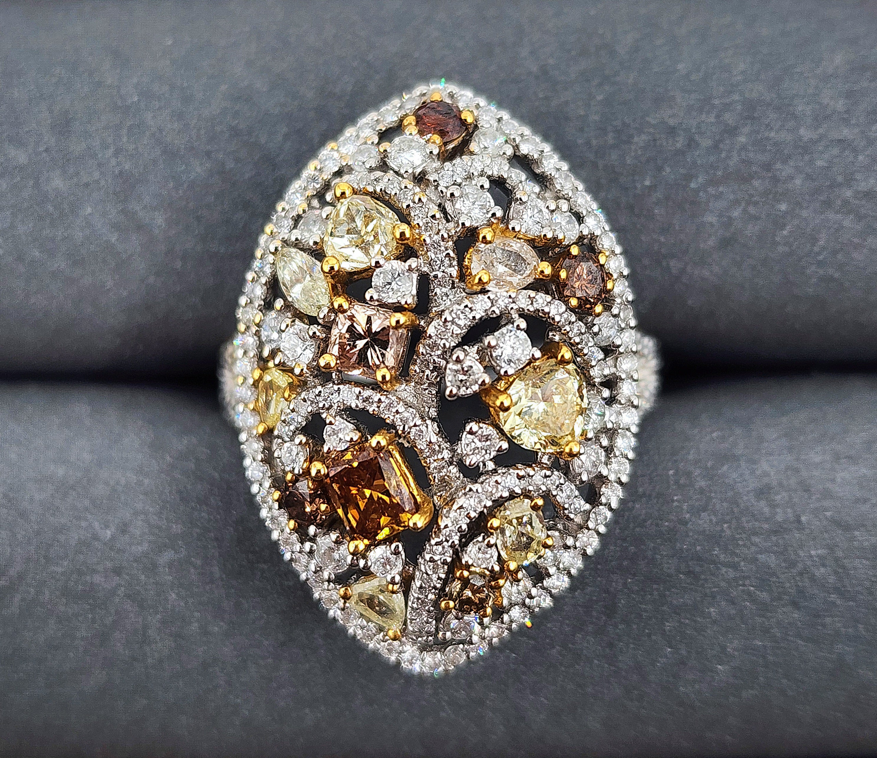 Bague de 2,21 ct de diamants naturels bruns, jaunes et roses