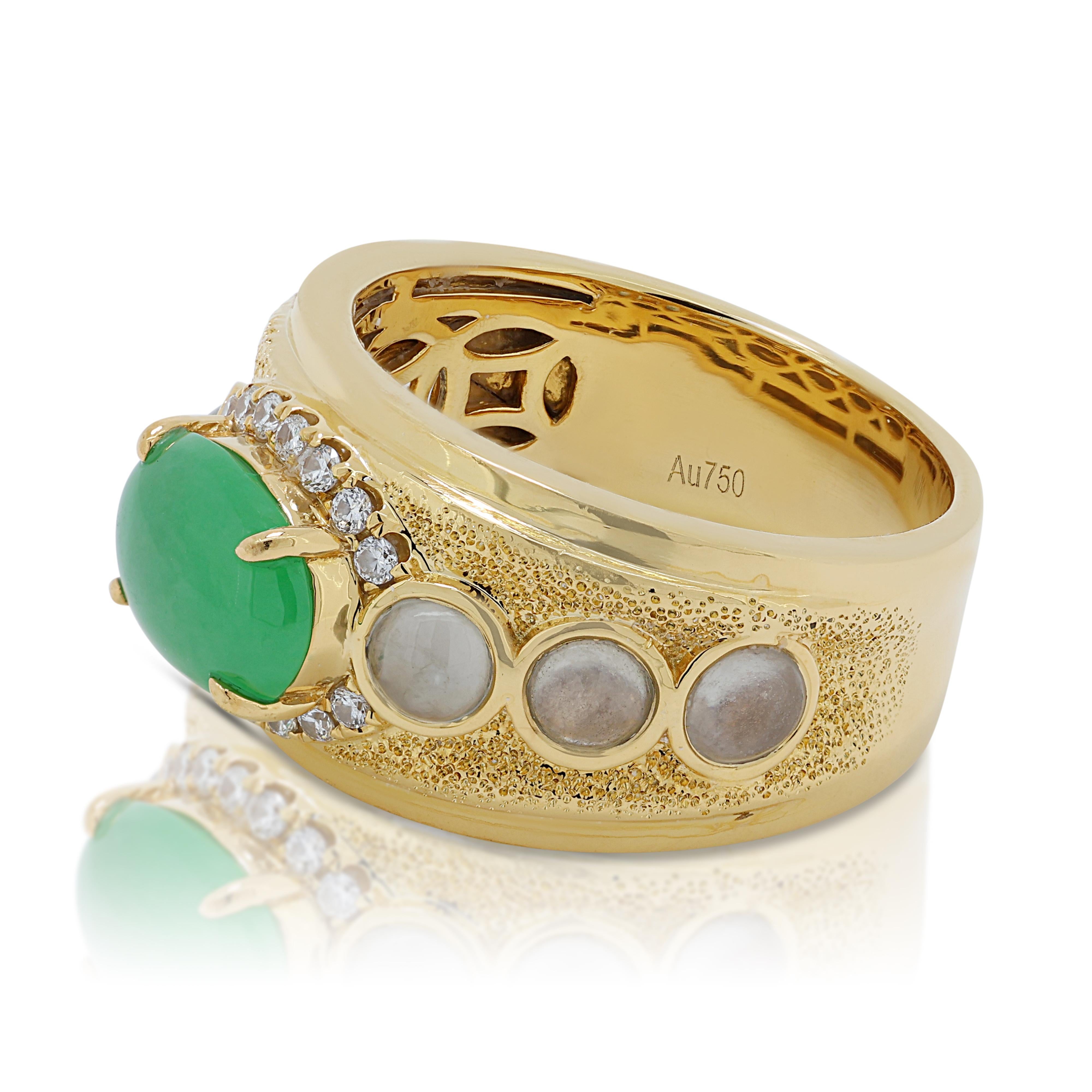 Cabochon Stunning 2.24ct Jade Dome Ring in 18K Yellow Gold with Diamonds For Sale