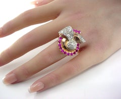Stunning 2.30 Ct Diamond Platinum 14k Ruby Cocktail Ring-1940s at its Finest