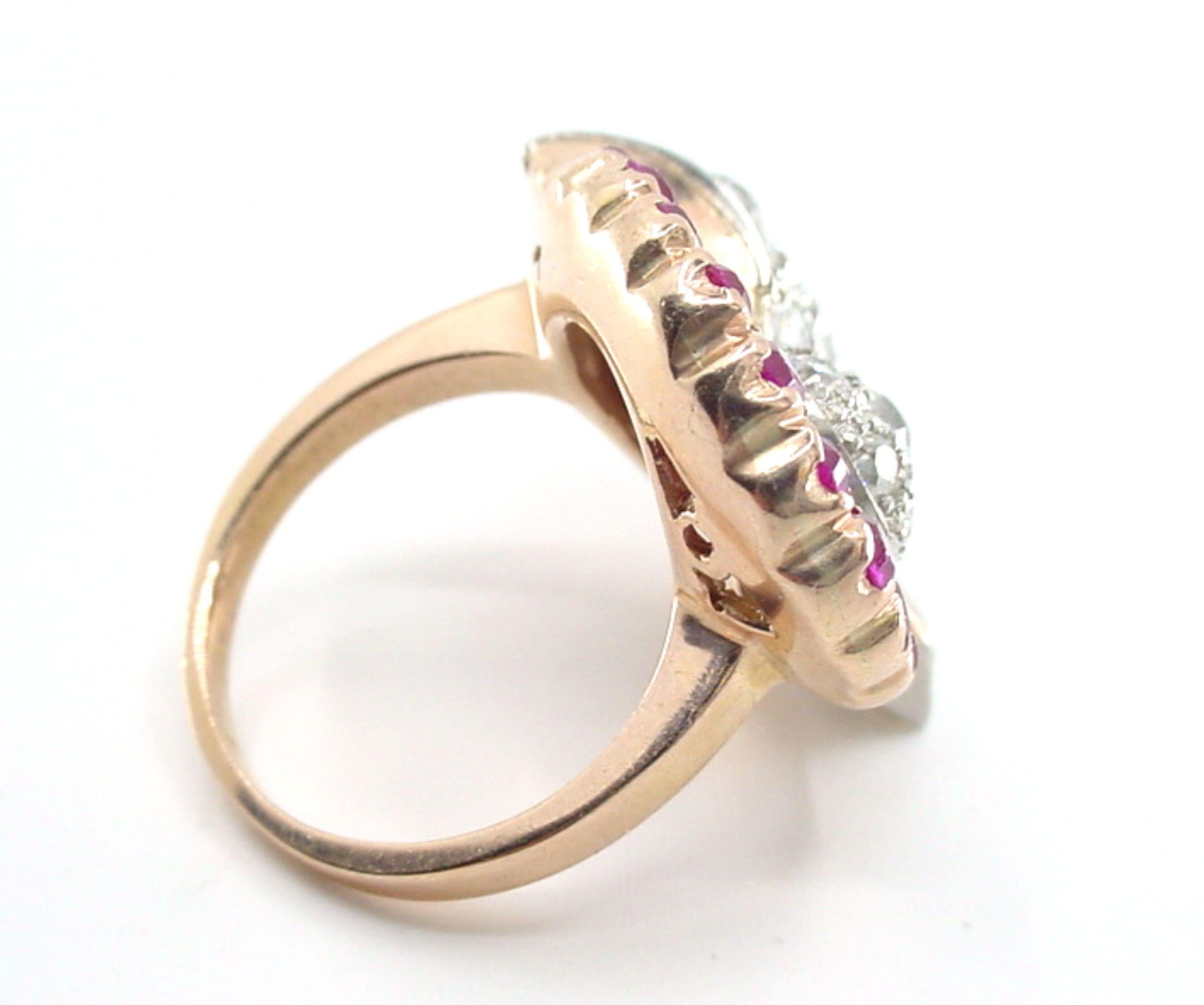 Old European Cut Stunning 2.30 Ct Diamond Platinum 14k Ruby Cocktail Ring-1940s at its Finest For Sale
