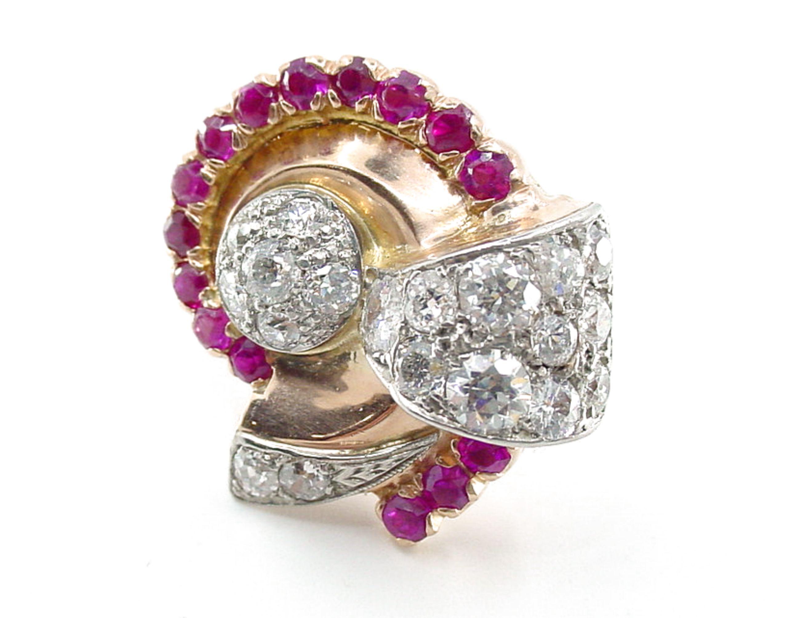 Stunning 2.30 Ct Diamond Platinum 14k Ruby Cocktail Ring-1940s at its Finest In Good Condition For Sale In Santa Rosa, CA