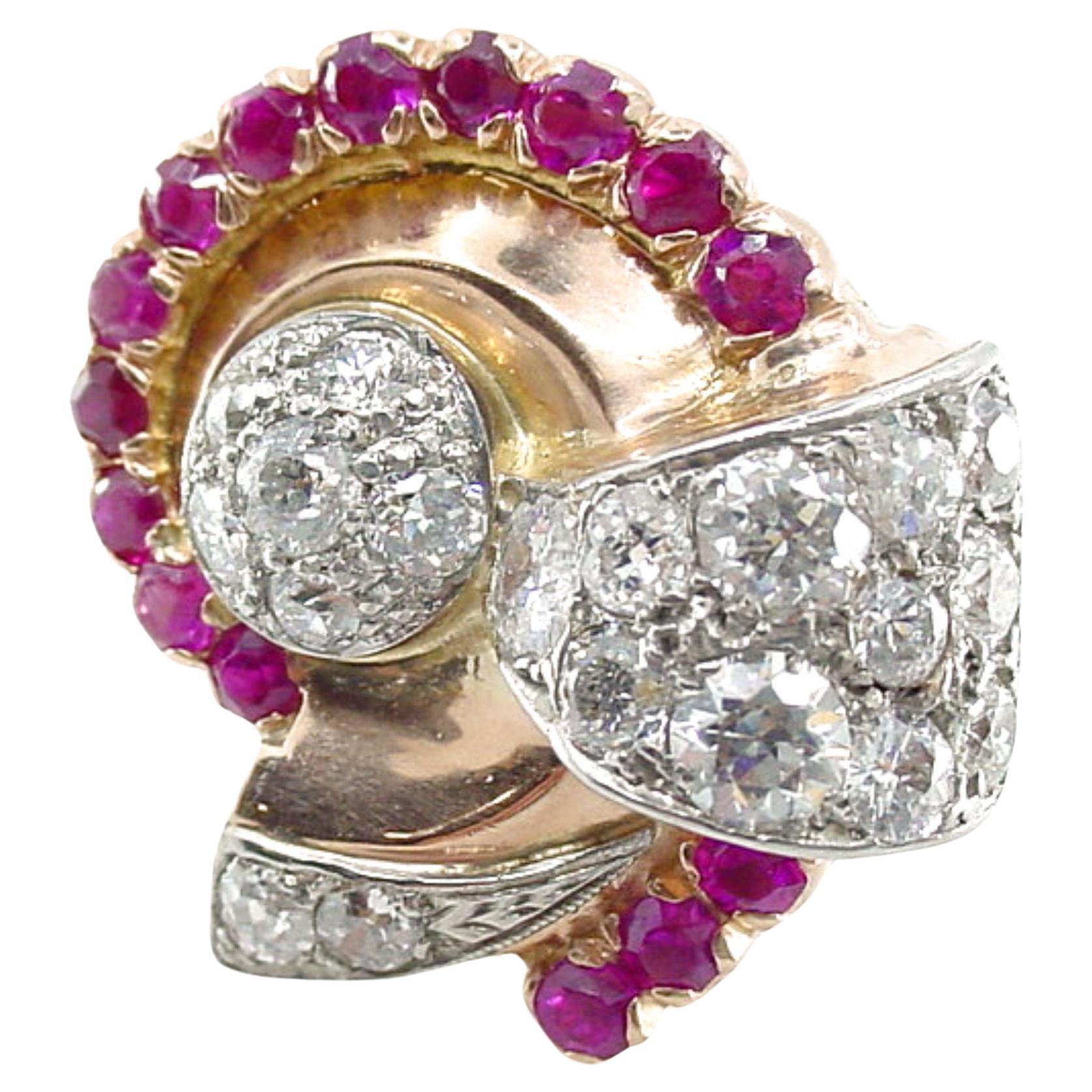 Stunning 2.30 Ct Diamond Platinum 14k Ruby Cocktail Ring-1940s at its Finest For Sale