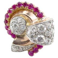 Stunning 2.30 Ct Diamond Platinum 14k Ruby Cocktail Ring-1940s at its Finest