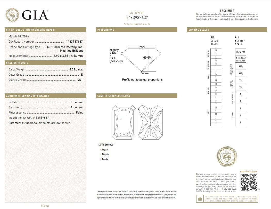 Atemberaubende 2.32ct Ideal Cut natürlichen Diamanten - GIA zertifiziert 

Erhöhen Sie Ihren Stil mit diesem rechteckigen Diamanten mit 2,32 Karat im Eckschliff, der ein raffiniertes und einzigartiges Design bietet. Seine einzigartige Form und