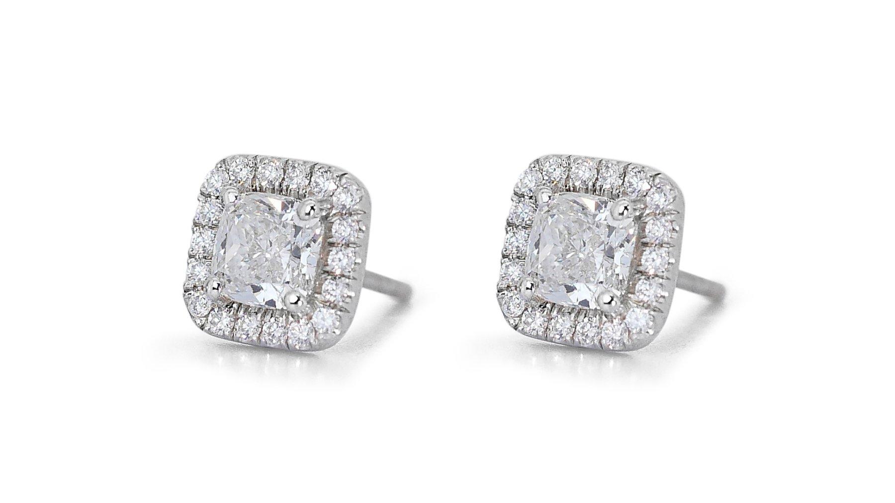 Cushion Cut Stunning 2.33ct Diamond Halo Stud Earrings in 18k White Gold - GIA Certified For Sale