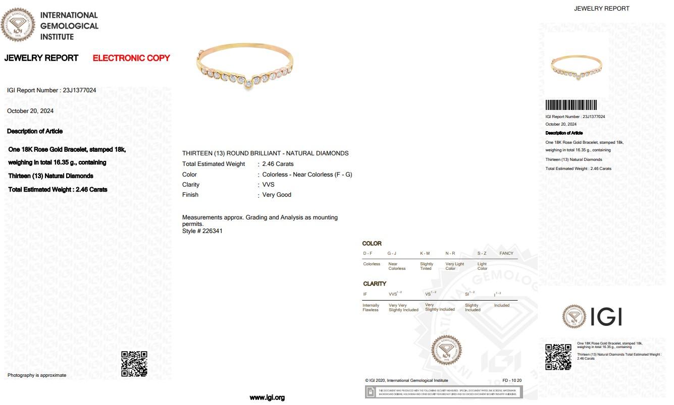 Women's Stunning 2.46ct Diamonds Bracelet in 18k Rose Gold - IGI Certified For Sale