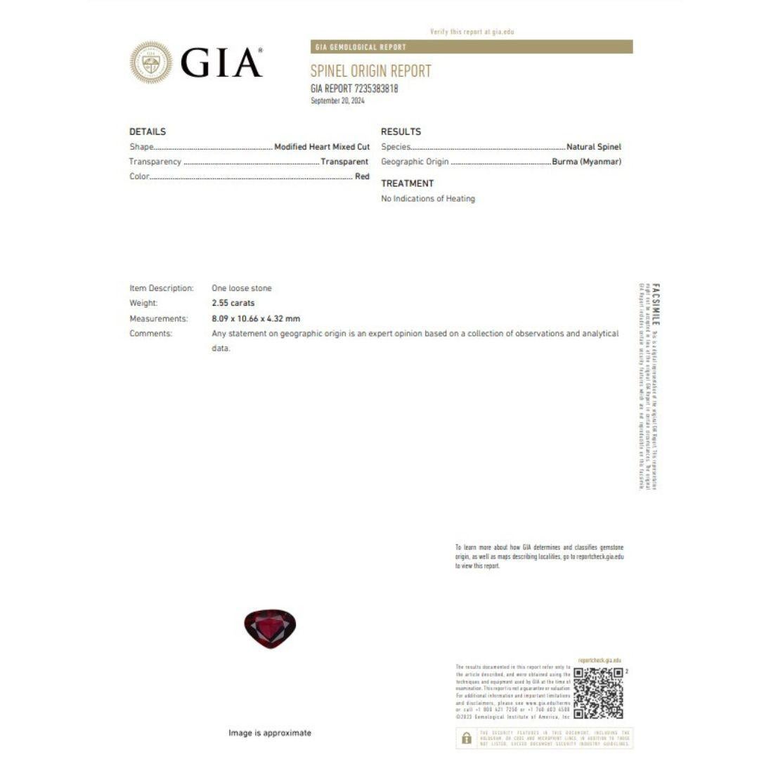 Stunning 2.55ct Spinel Gemstone - GIA Certified

This captivating 2.55-carat heart-shaped red spinel exudes romance and elegance. With its rich red hue, this gemstone symbolizes passion and strength, making it a perfect choice for statement jewelry.