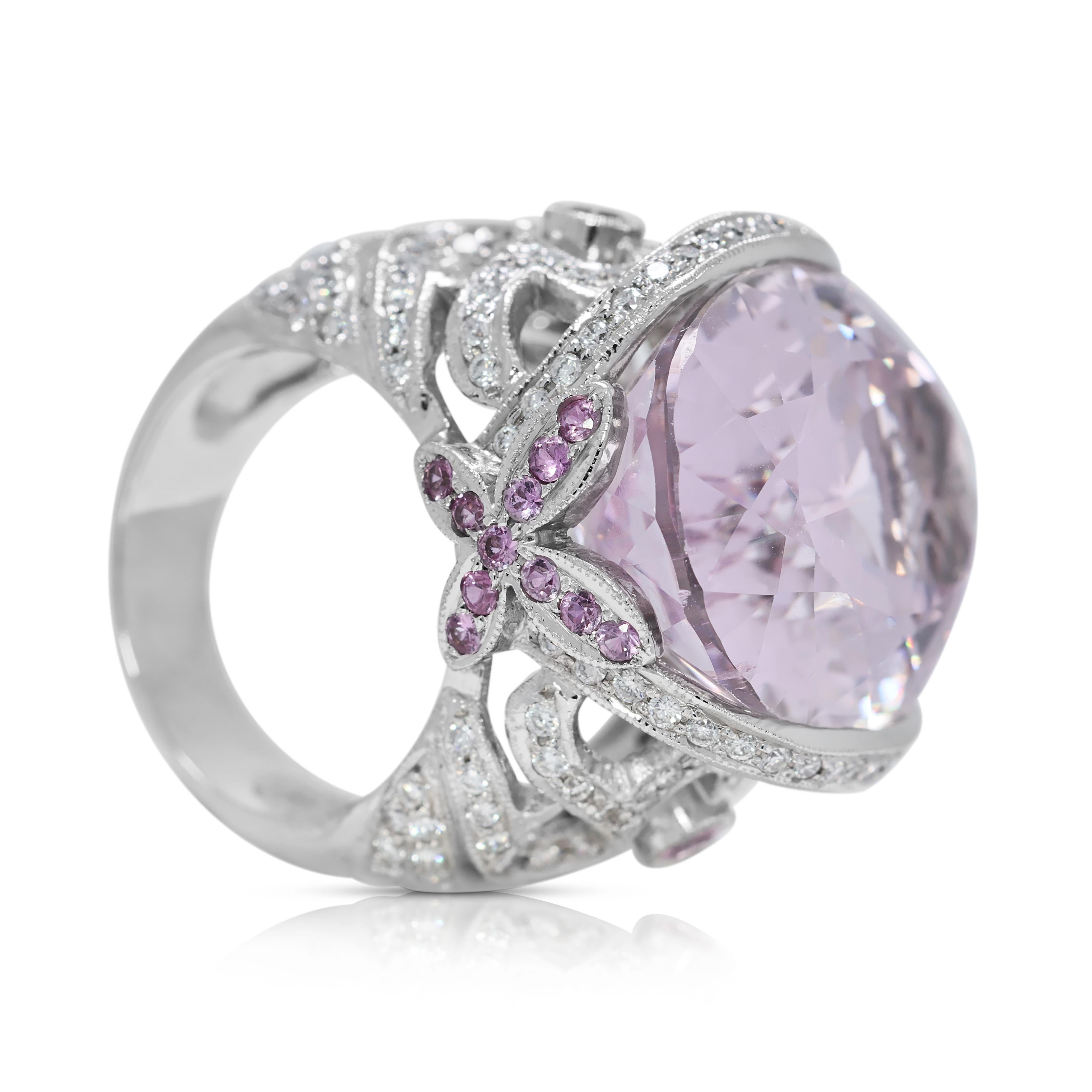 Oval Cut Stunning 25.7ct Kunzite and Natural Diamonds Dome Ring in 18K White Gold For Sale