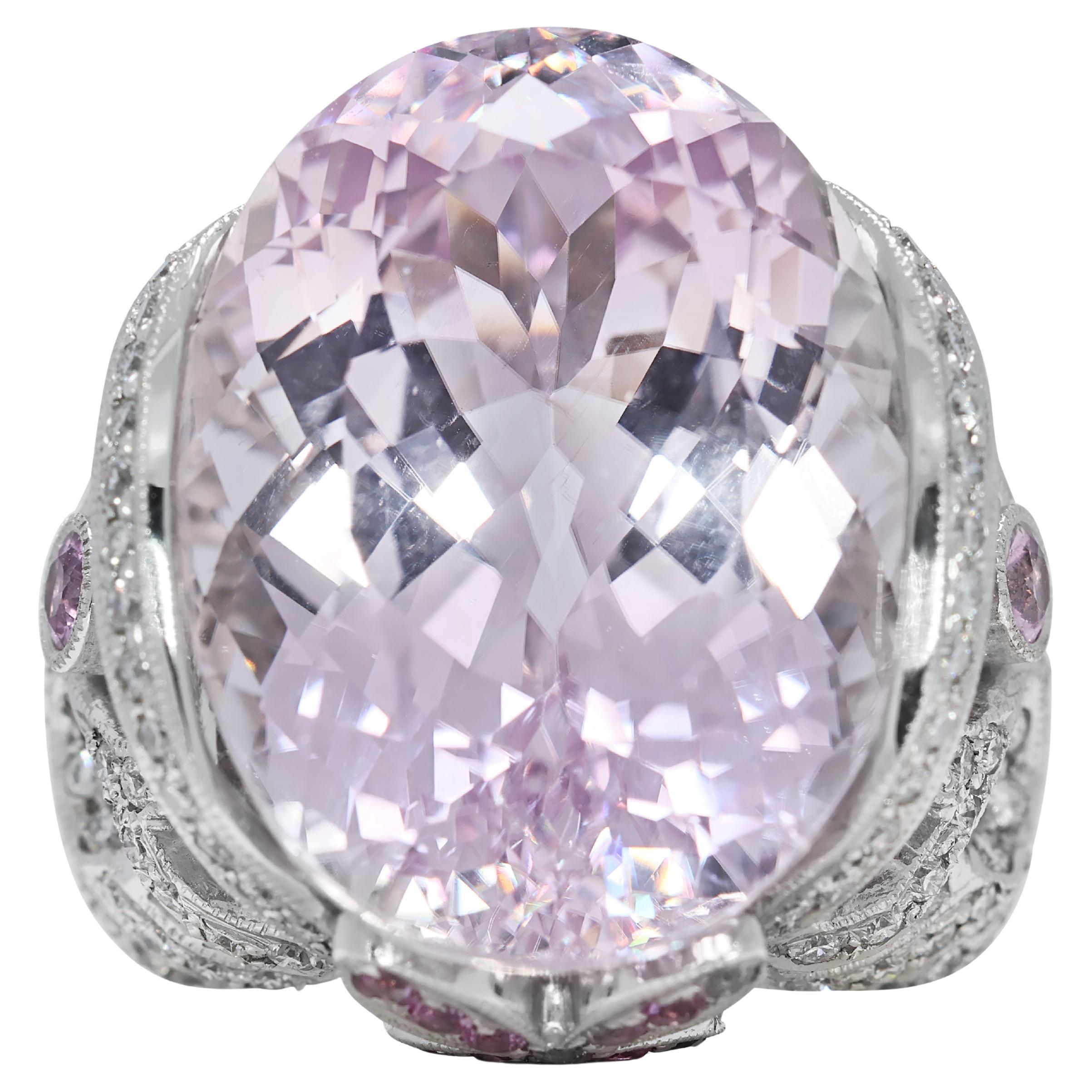 Stunning 25.7ct Kunzite and Natural Diamonds Dome Ring in 18K White Gold