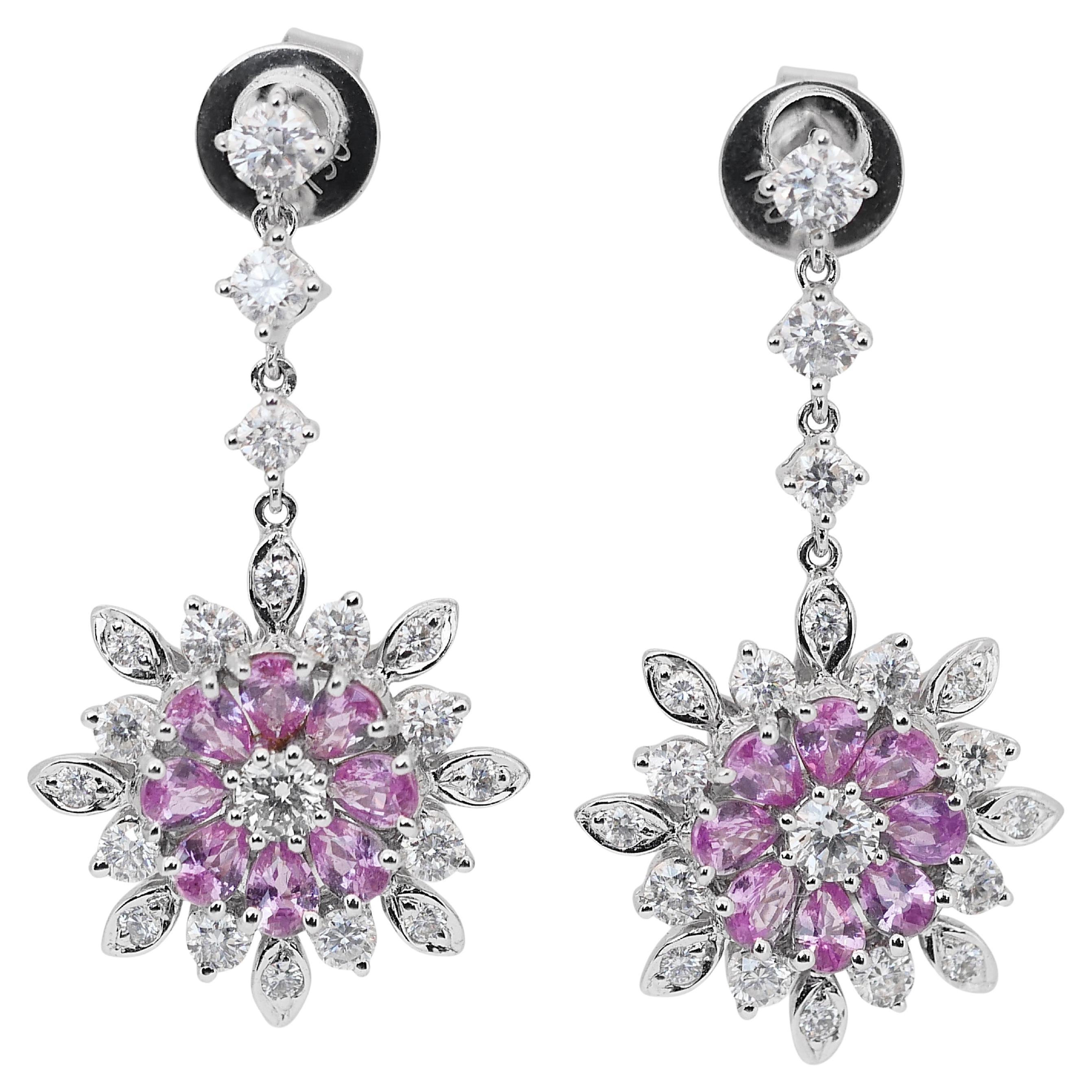 Stunning 2.69ct Sapphires and Diamonds Drop Earrings in 18k White Gold