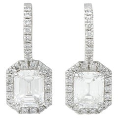 Stunning 2.70 Carats Emerald Cut Diamond Platinum Huggie Drop Earrings