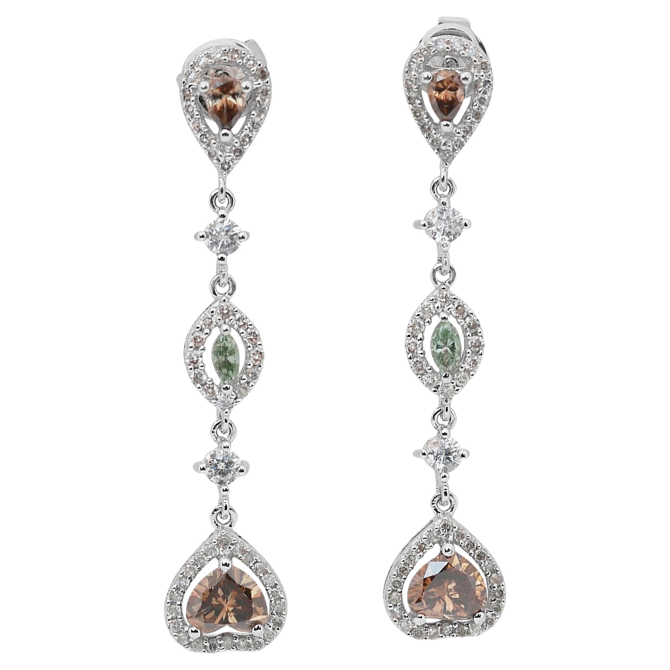 Stunning 2.70ct Diamonds Fancy-Colored Drop Earrings in 18k White Gold