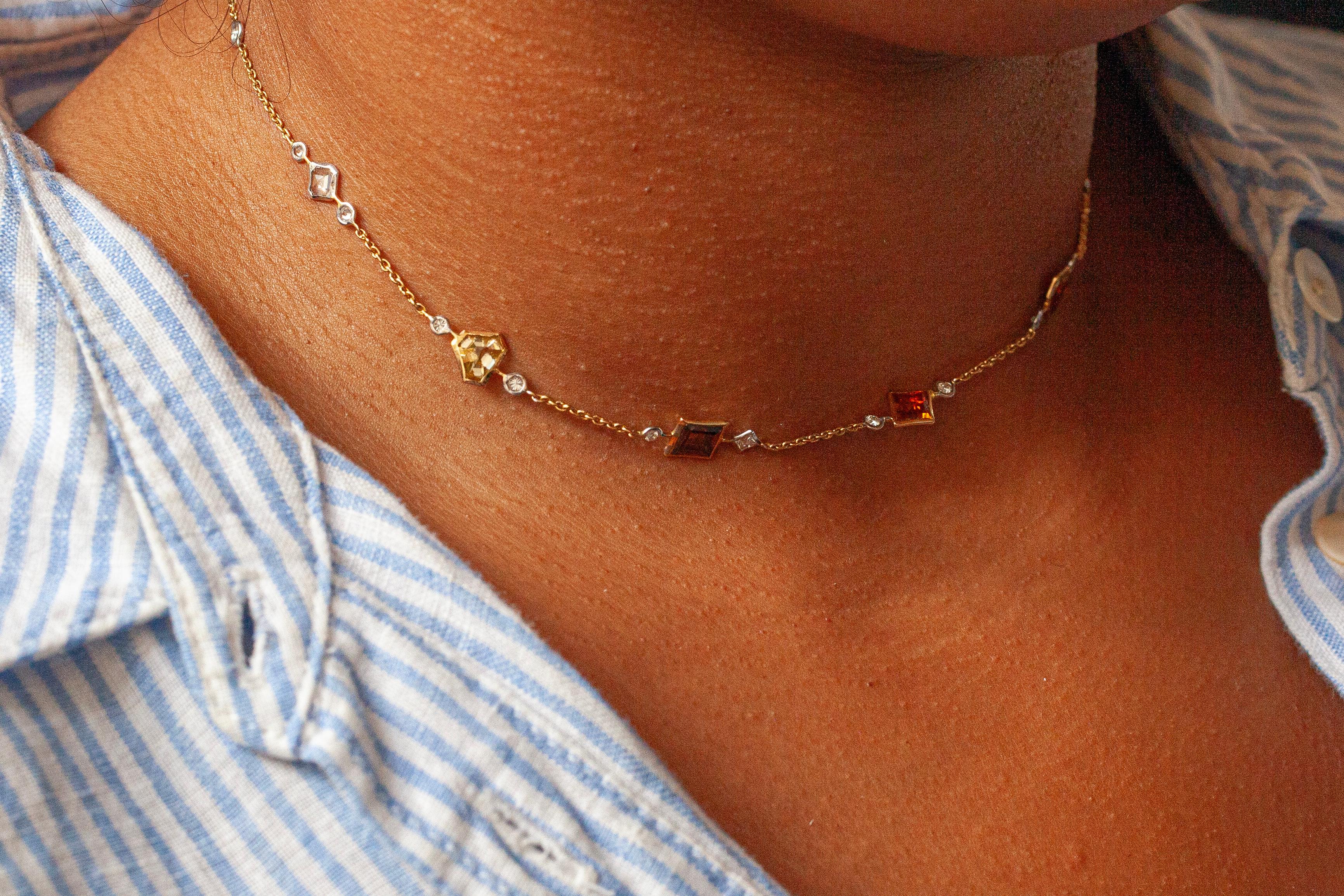 Modern Stunning 29-Stone Fancy Cut Diamond Necklace in 18 Carat Yellow and White Gold For Sale