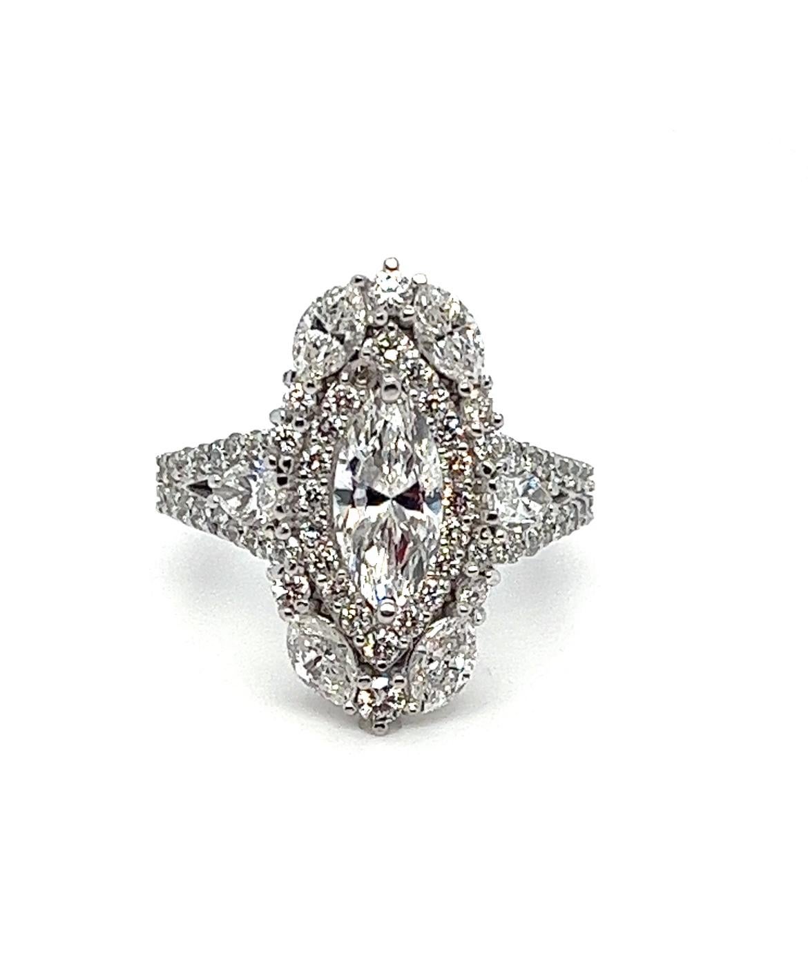Stunning 2.99 Carat Total Weight Marquise Diamond Ring in 18K White Gold For Sale 2
