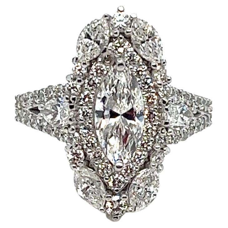 299 Ring Issue Customizable Real 3.10 Carat Marquise Round Diamond Ring 18 Karat White ...