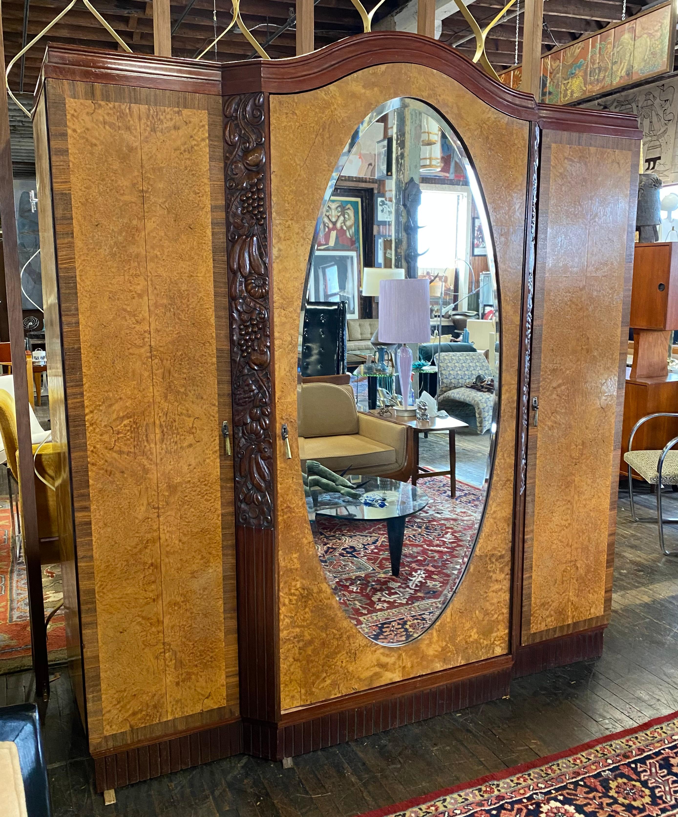 Brass Stunning 3-Door French Art Deco Wardrobe / Armoire, Oval Mirror