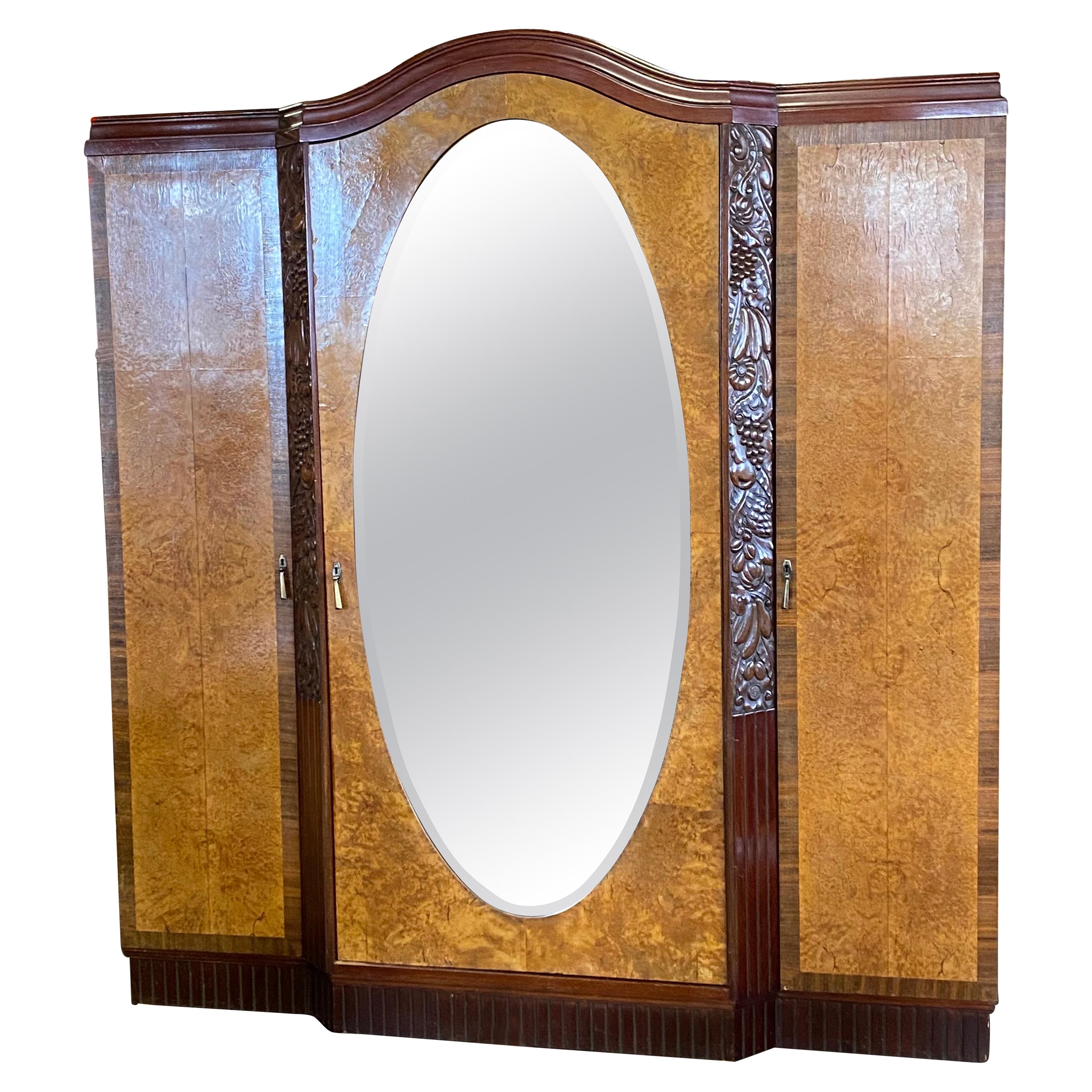 Stunning 3-Door French Art Deco Wardrobe / Armoire, Oval Mirror