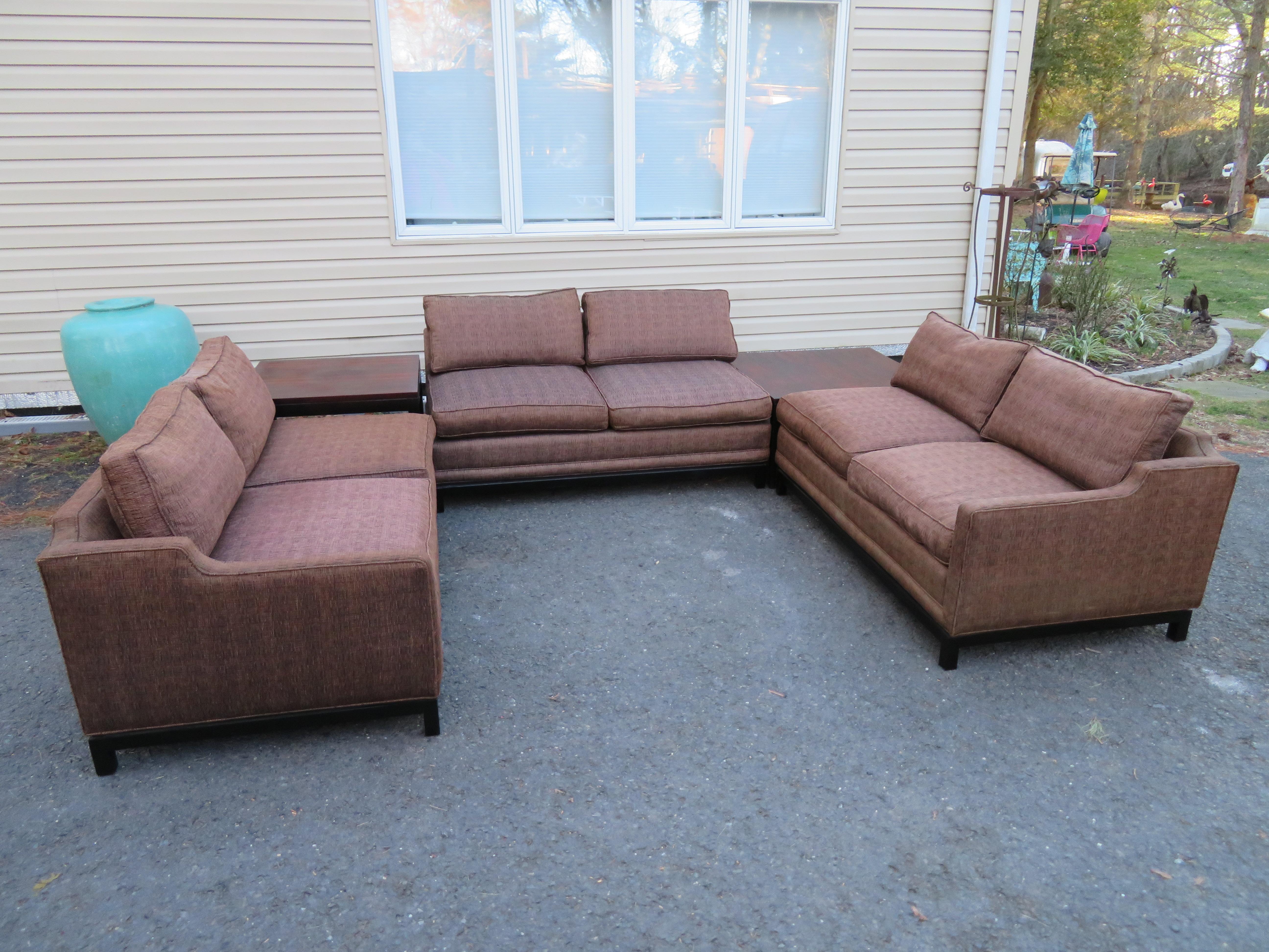 Stunning 3 piece John Widdicomb sectional sofa with 2 rosewood side tables. Wow, this set is beyond amazing, you should have seen it in its original owner's home-just gorgeous. This is how they had it set up with the 2 rosewood side tables on each