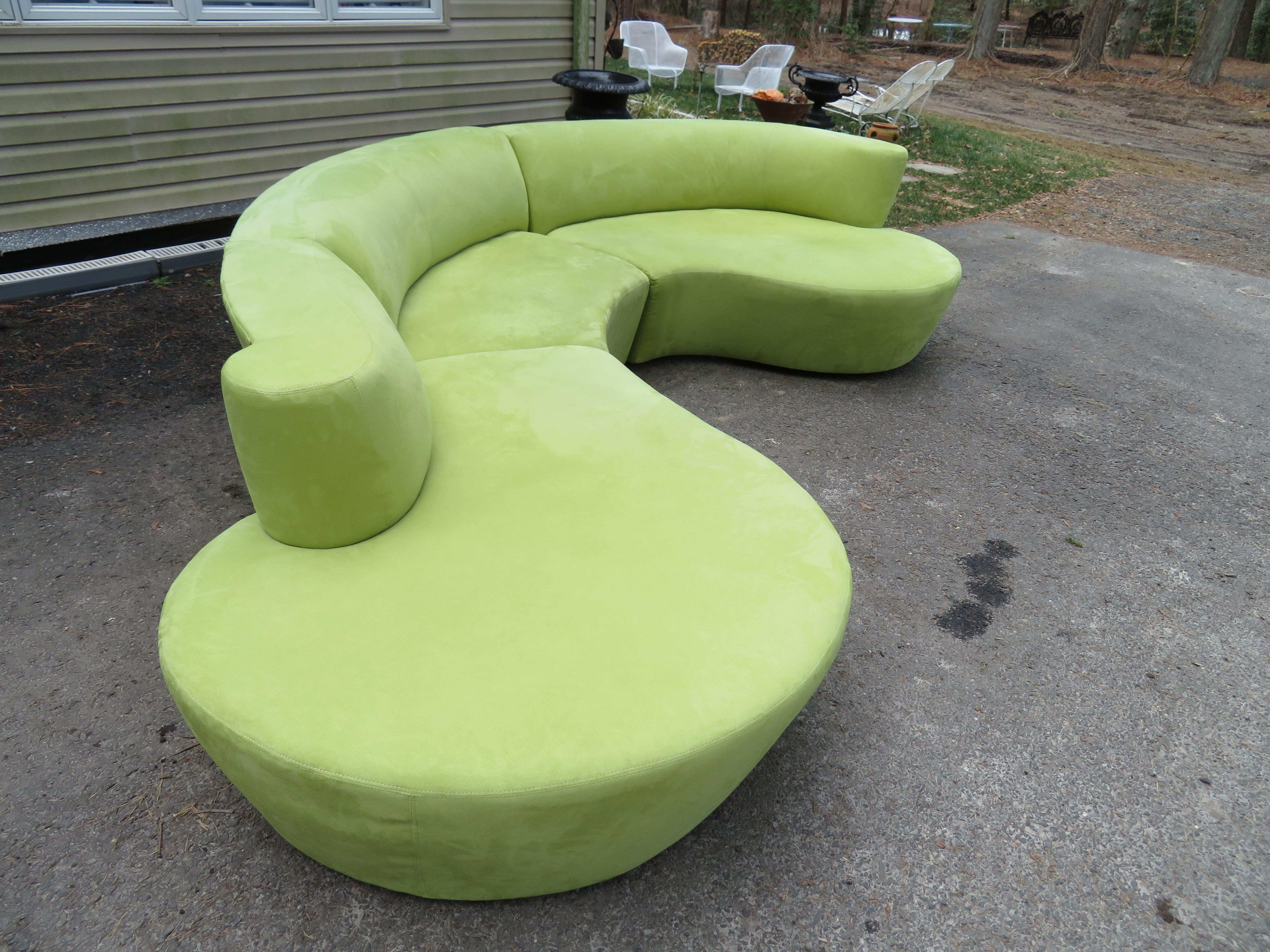 Stunning 3 piece Vladimir Kagan for Weiman curved cloud sofa sectional. This piece is from the late 1990s and still looks fantastic! The lime green ultra-suede fabric is very clean and comfortable-you will love it! This sofa measures as shown 29