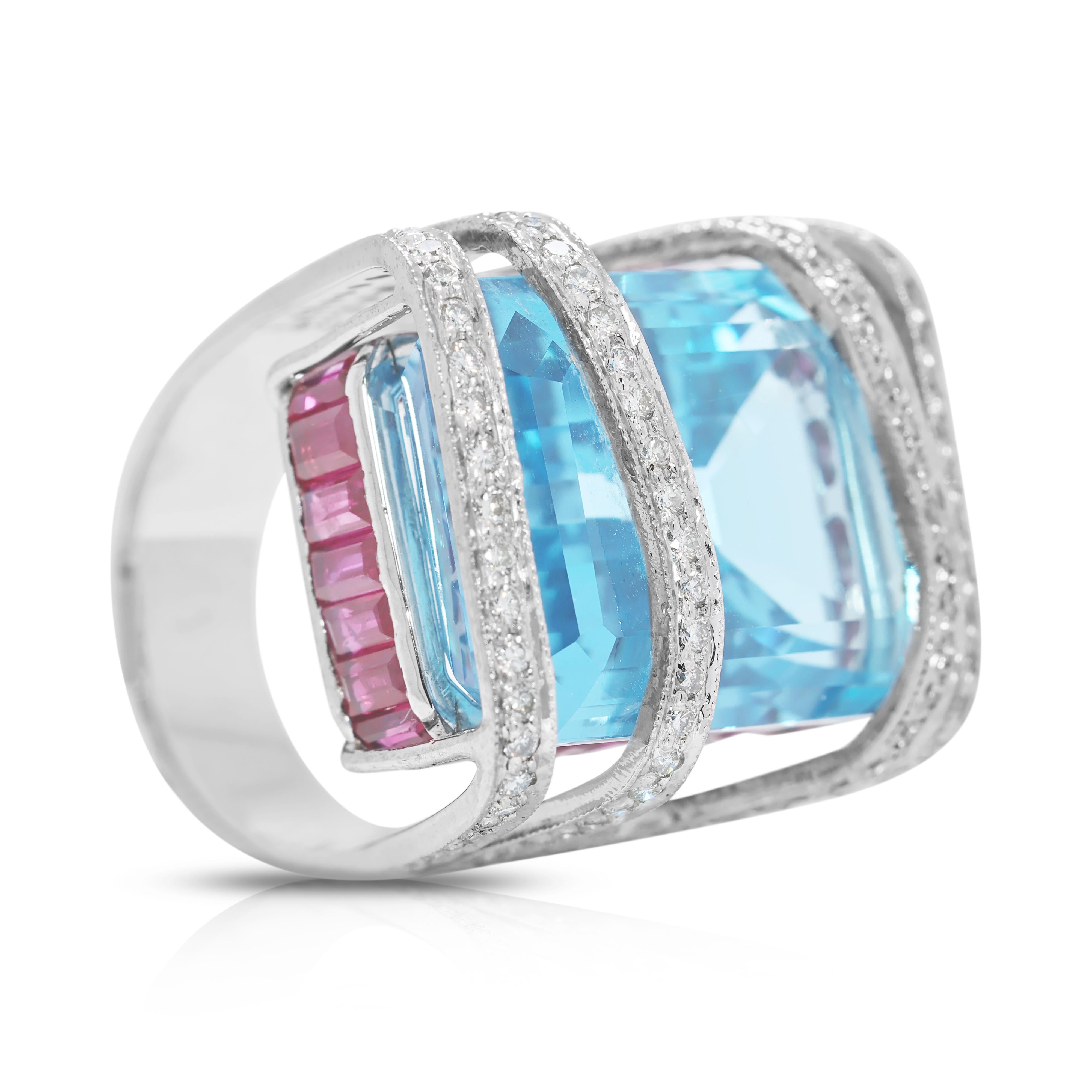 Atemberaubender Ring aus 18 Karat Weißgold mit 32,45 Karat Topas, Rubin und natürlichen Diamanten (Smaragdschliff) im Angebot