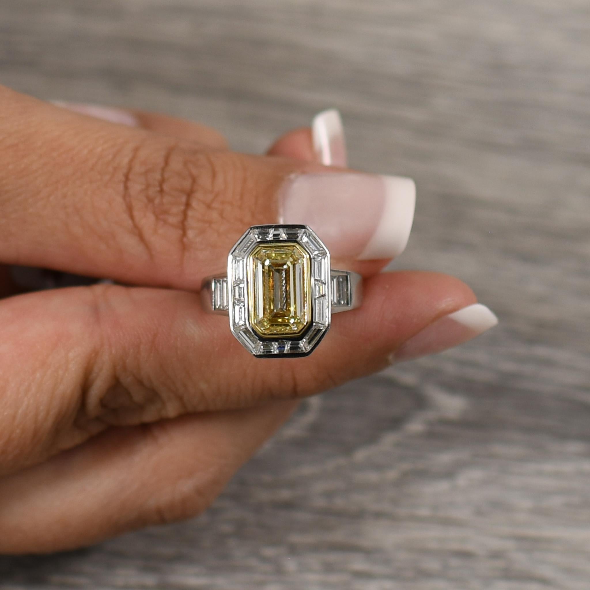 Stunning 3.5 Carat Natural Yellow Emerald Cut Diamond in Custom Platinum Ring For Sale 2